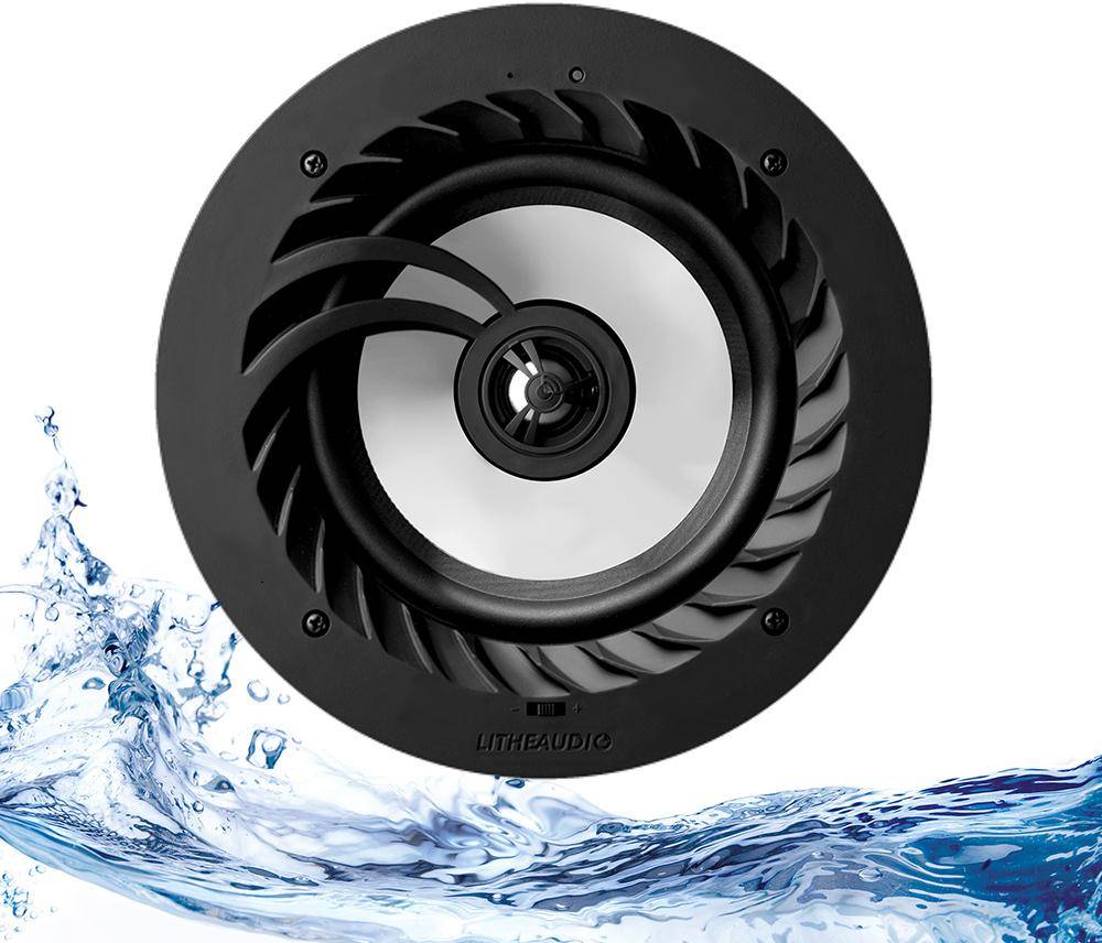 Speaker with water splash design and 'LITHEAUDIO' branding on a white background