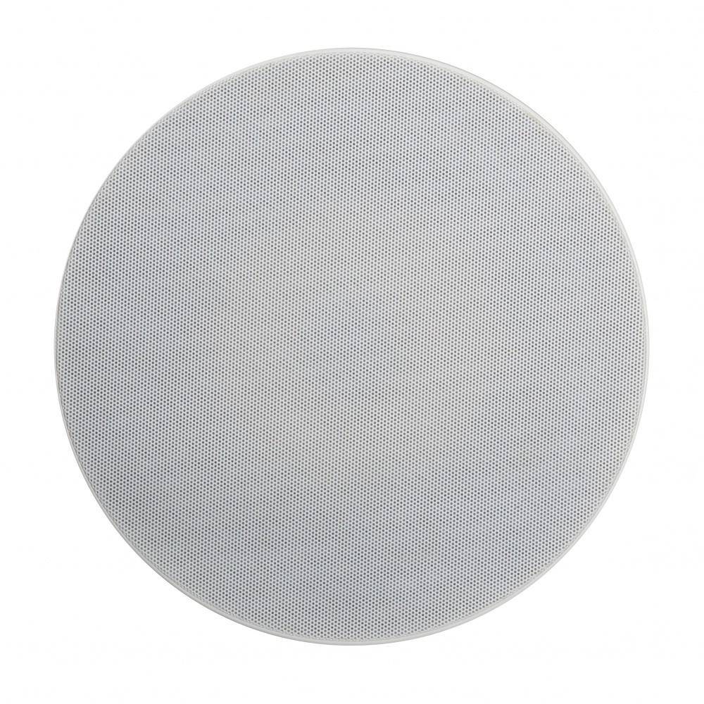 Round gray speaker with a textured pattern on a white background
