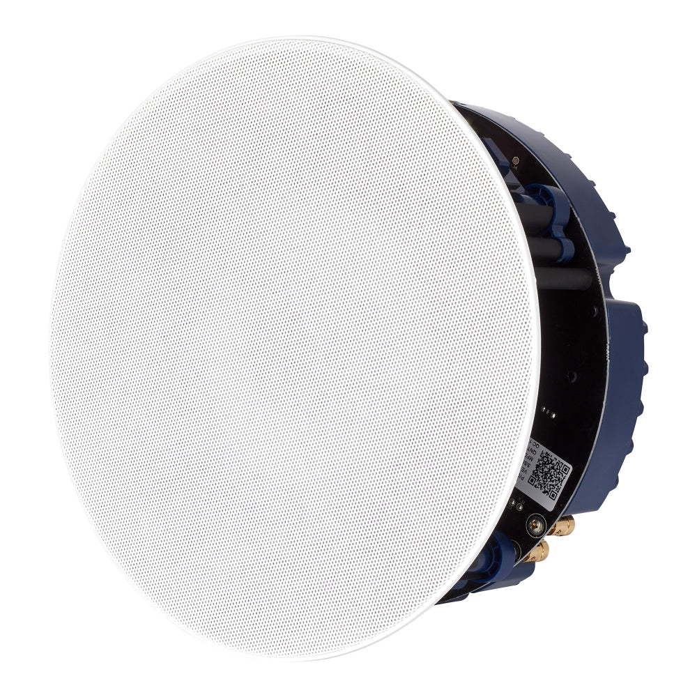 Round white speaker with black frame on a white background