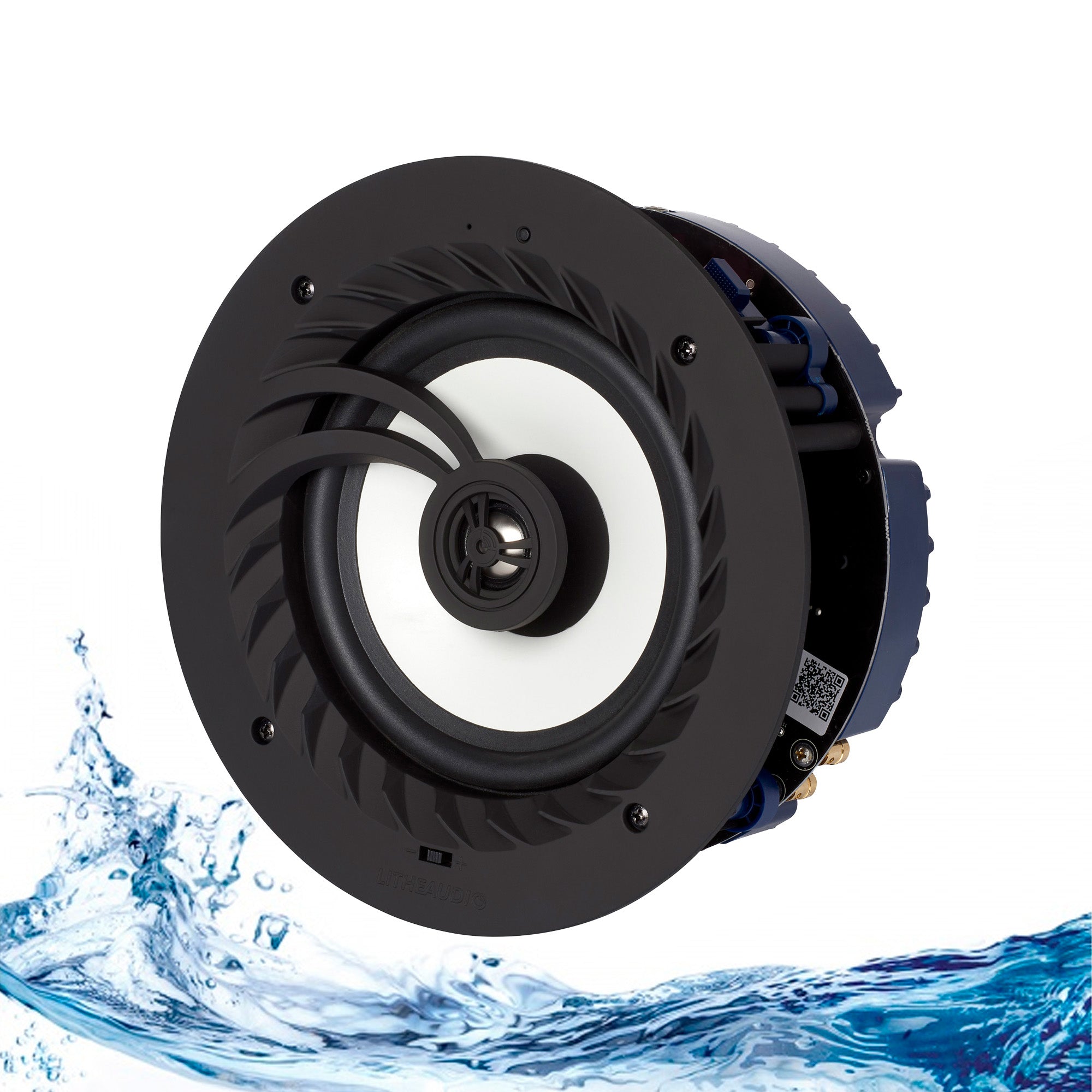 Black and white speaker with water splash effect on a white background