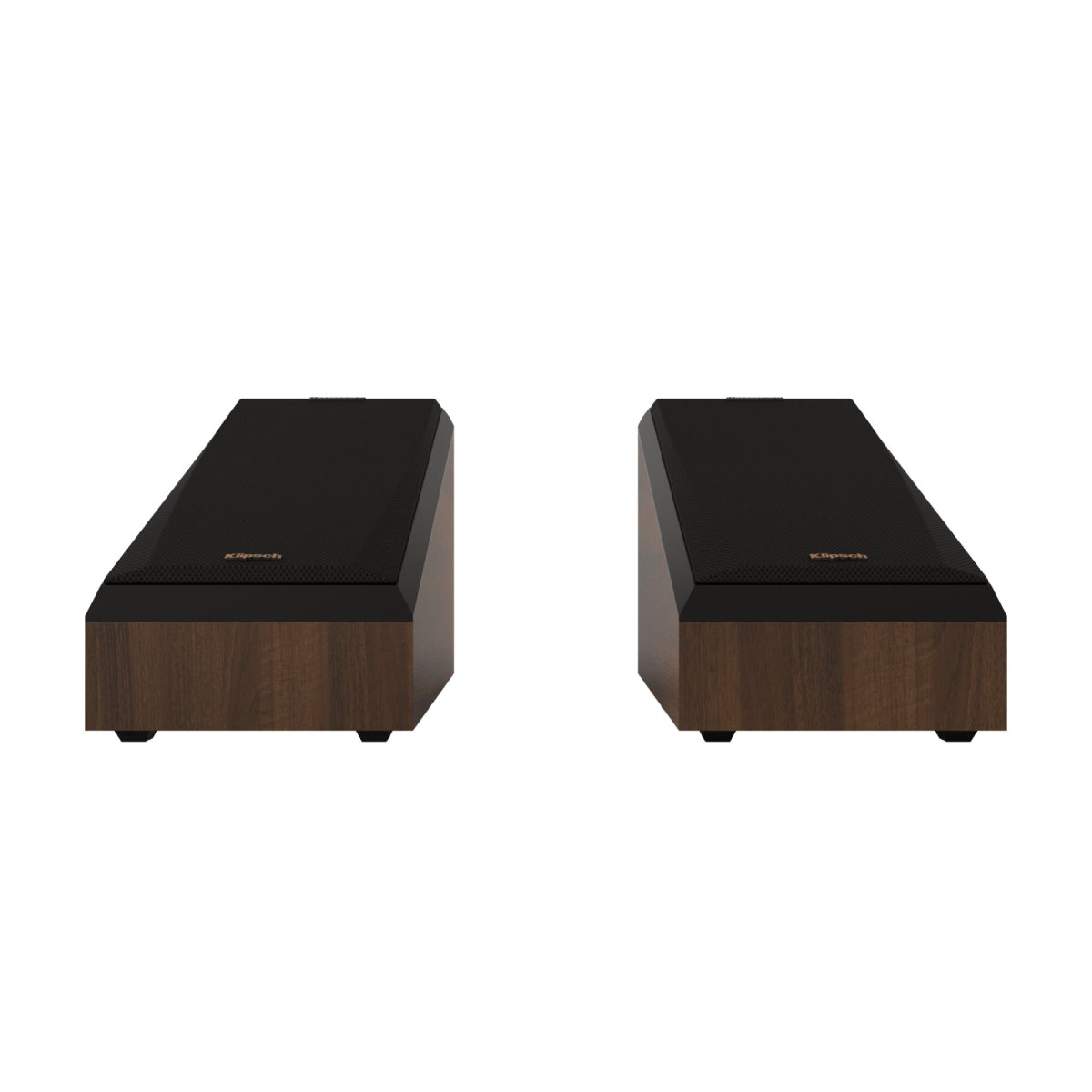 Pair of black and wood-colored speakers on a white background