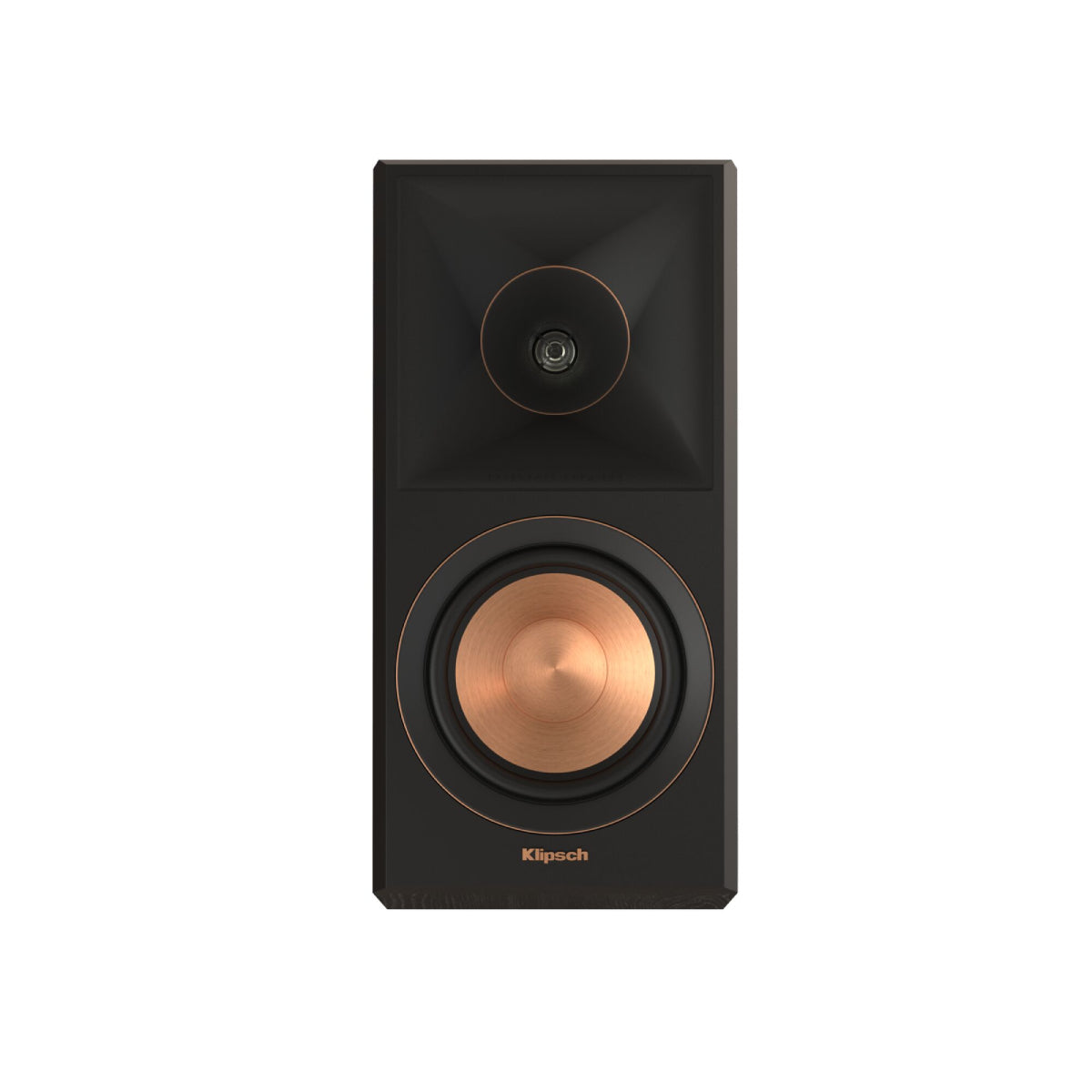 Black Klipsch speaker with bronze cone on a white background