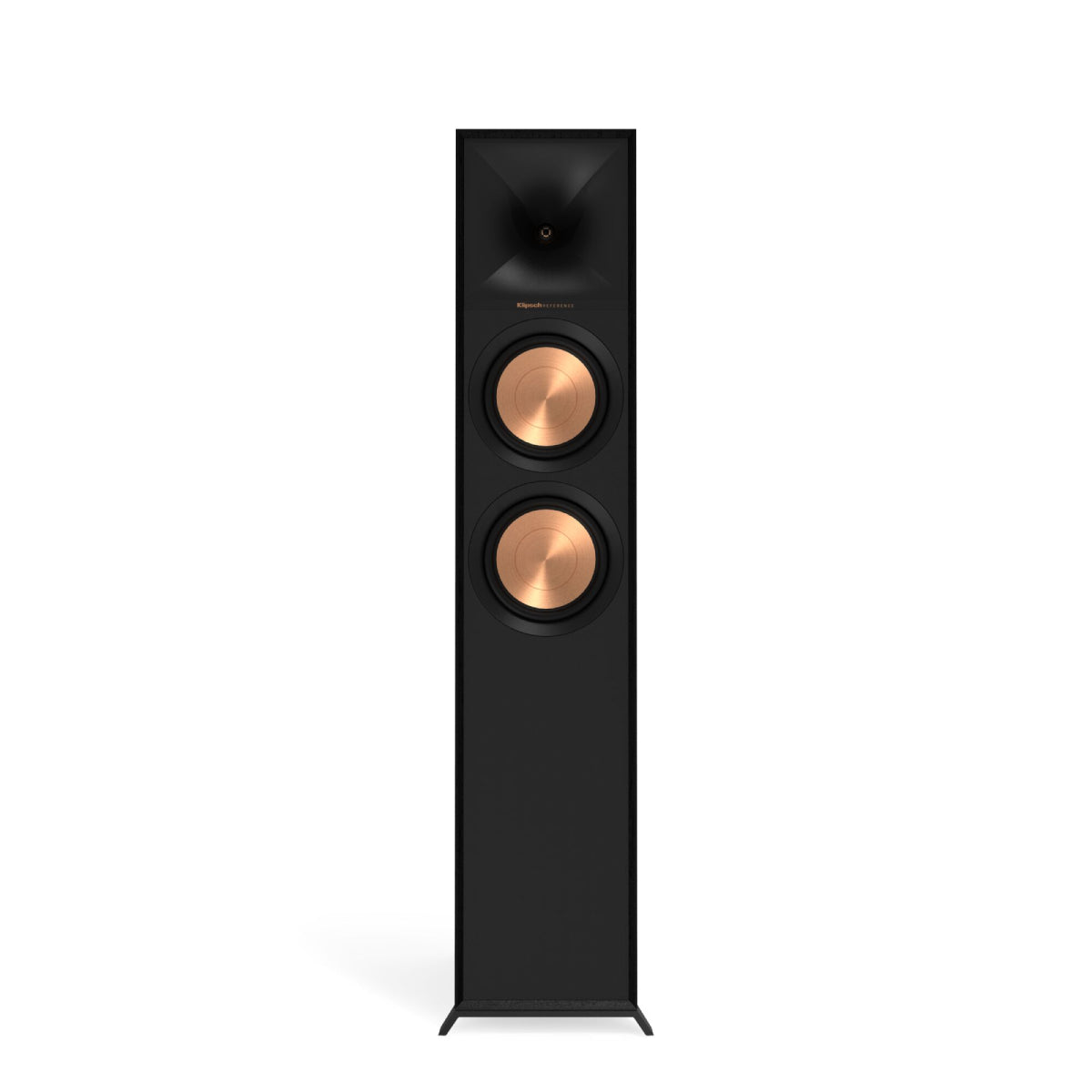 Black floor-standing speaker with copper accents on a white background