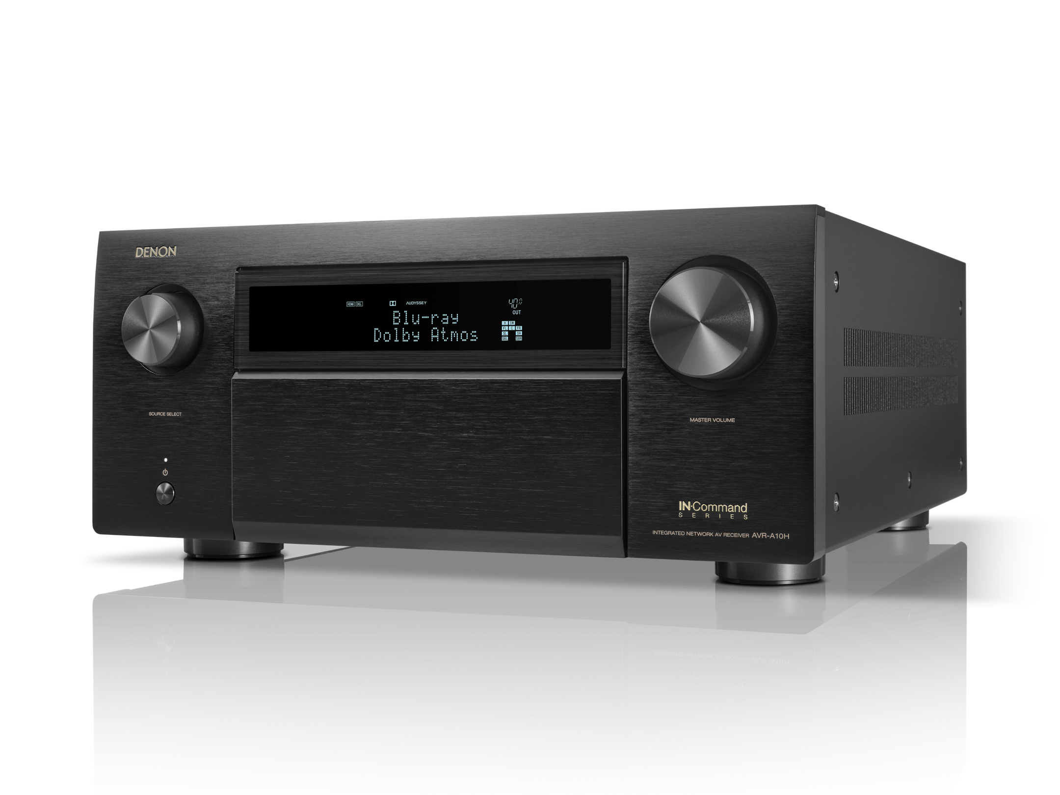 Black Denon audio receiver on a white background