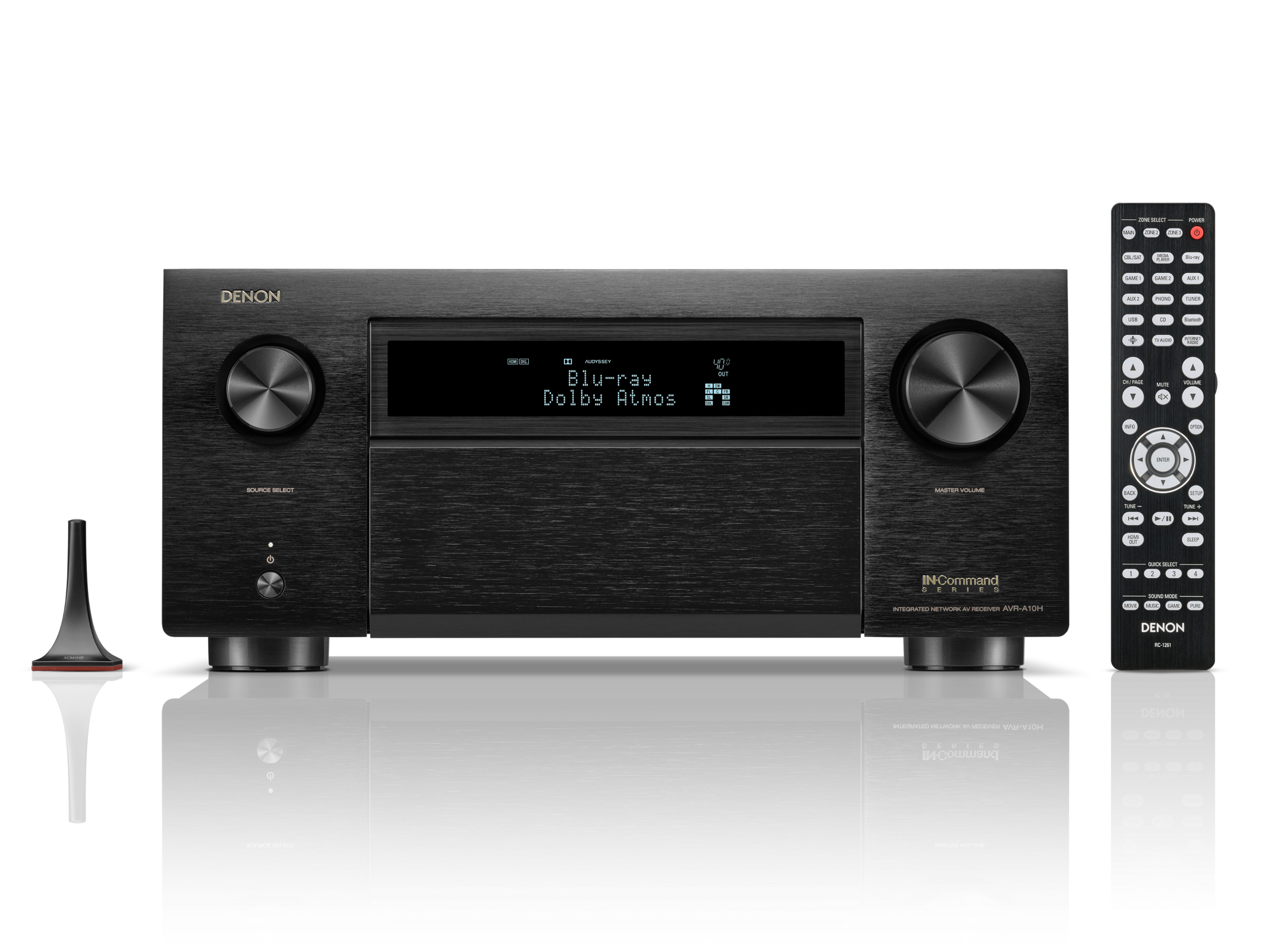 Black Denon AV receiver with remote control on a white background