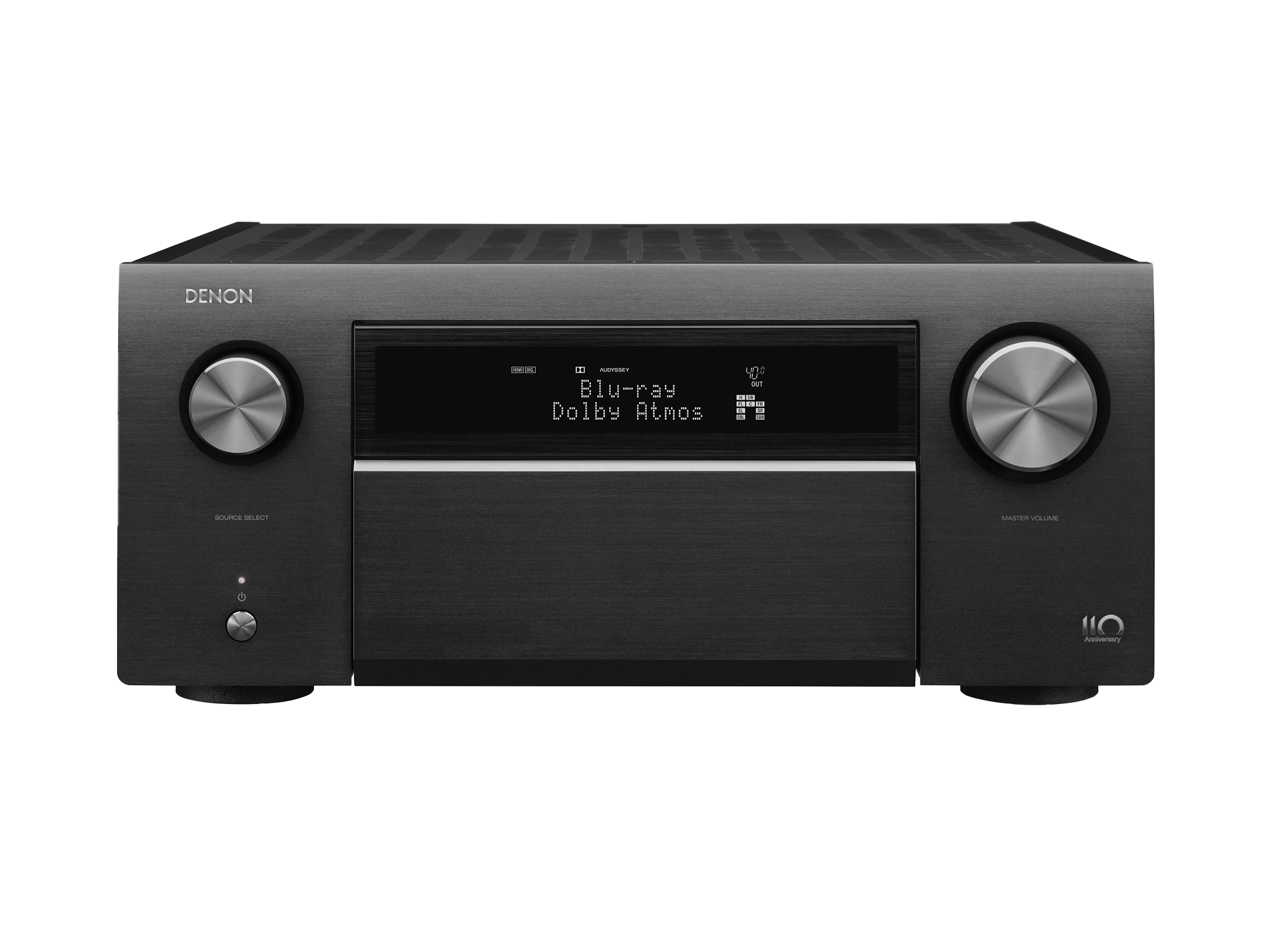 Black Denon AV receiver on a white background