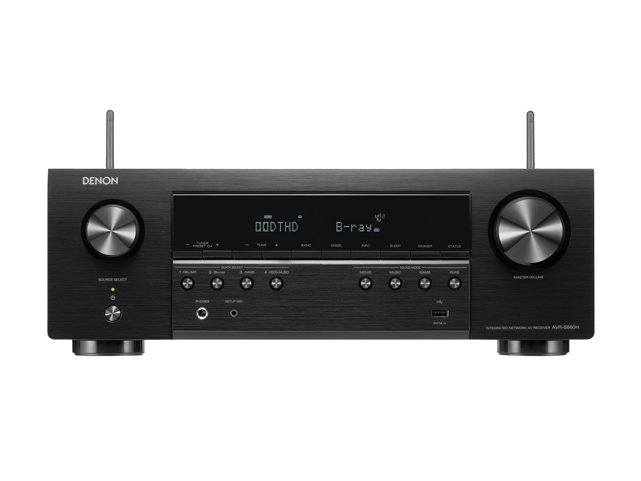 Black Denon audio receiver with silver knobs on a white background