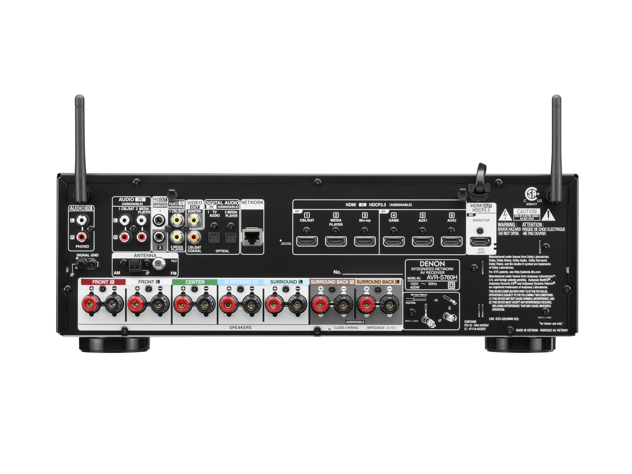 Back view of a audio equipment amplifier with various connectors and controls on a white background