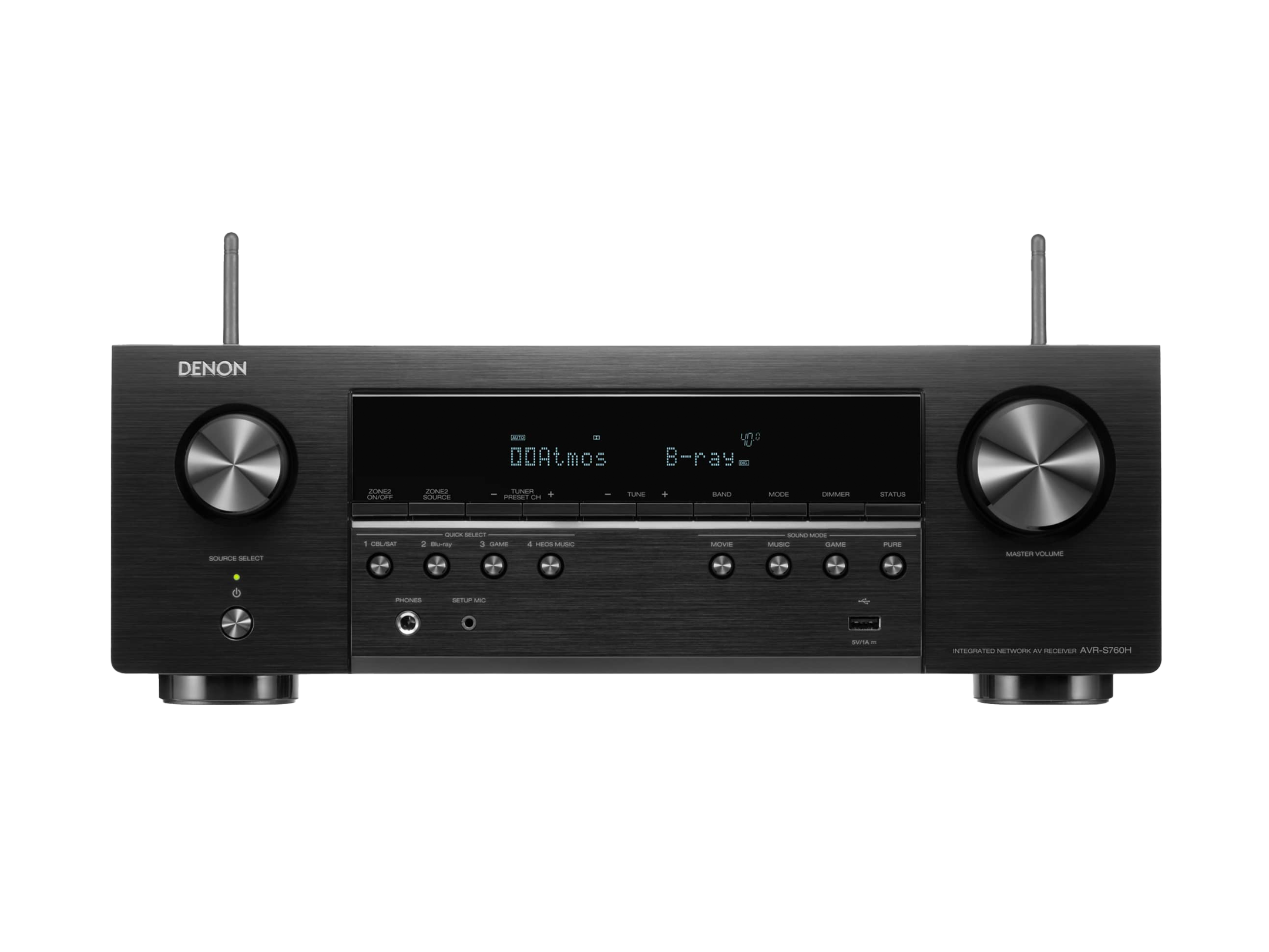Black Denon audio receiver with antennas on a white background