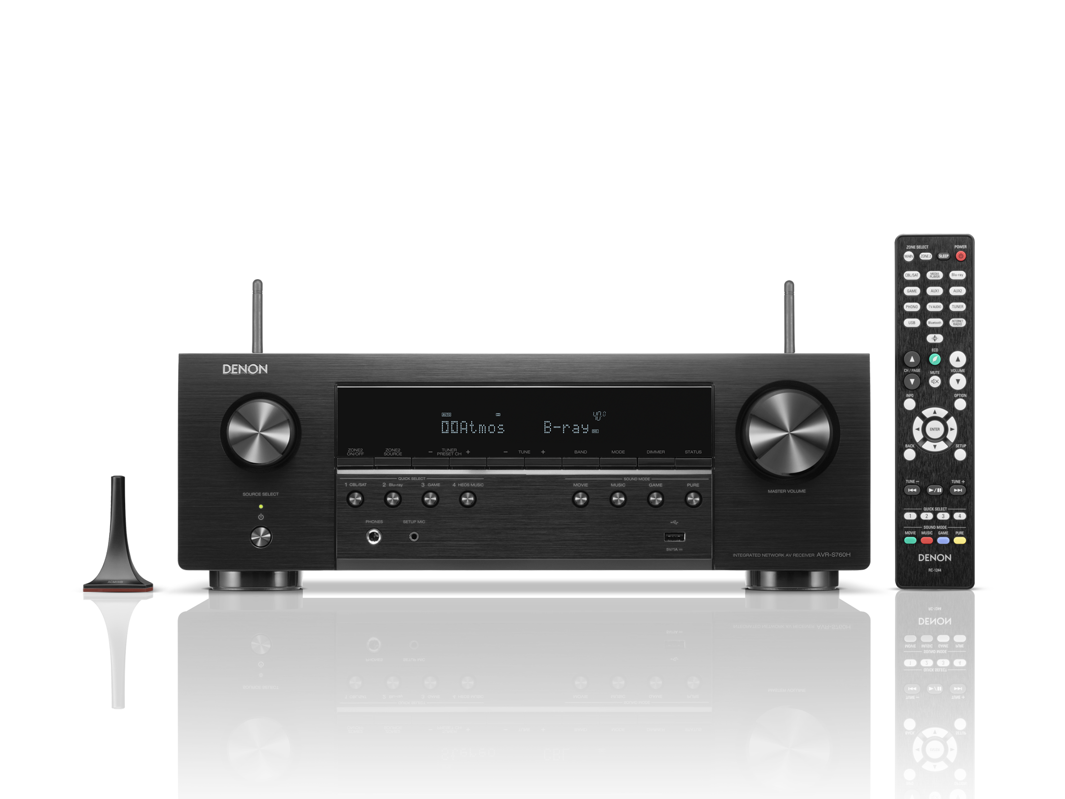 Denon audio receiver with remote control on a white background