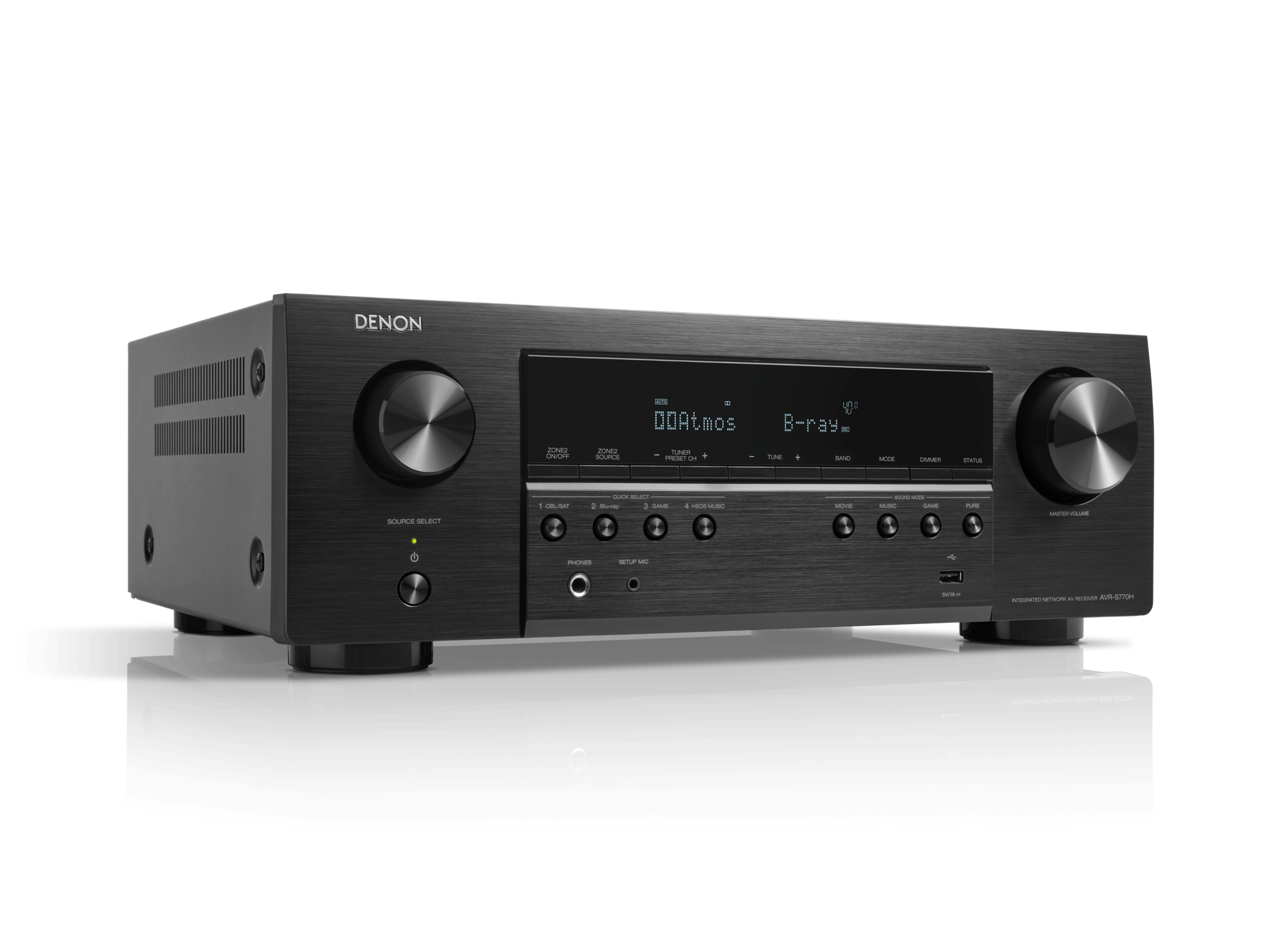 Black Denon audio receiver on a white background