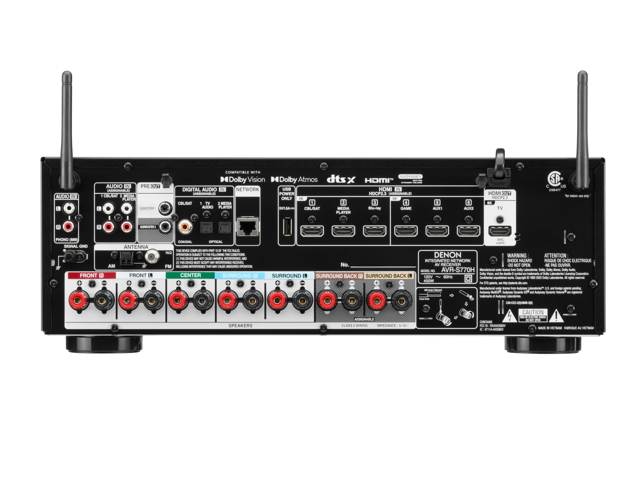 Back view of a Denon audio amplifier on a white background