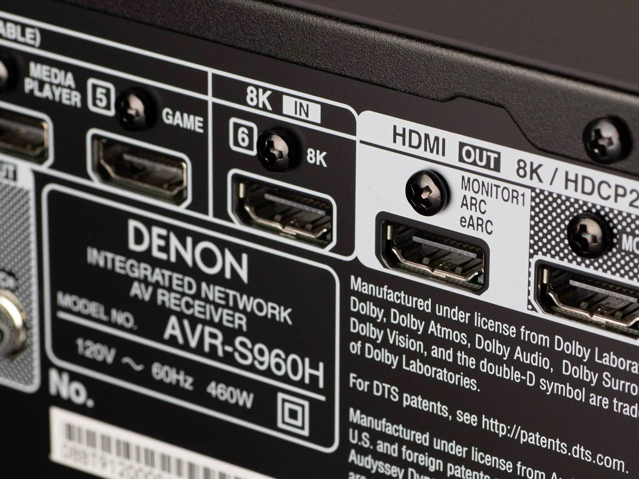 Denon AVR-S960H AV receiver with HDMI and audio ports.