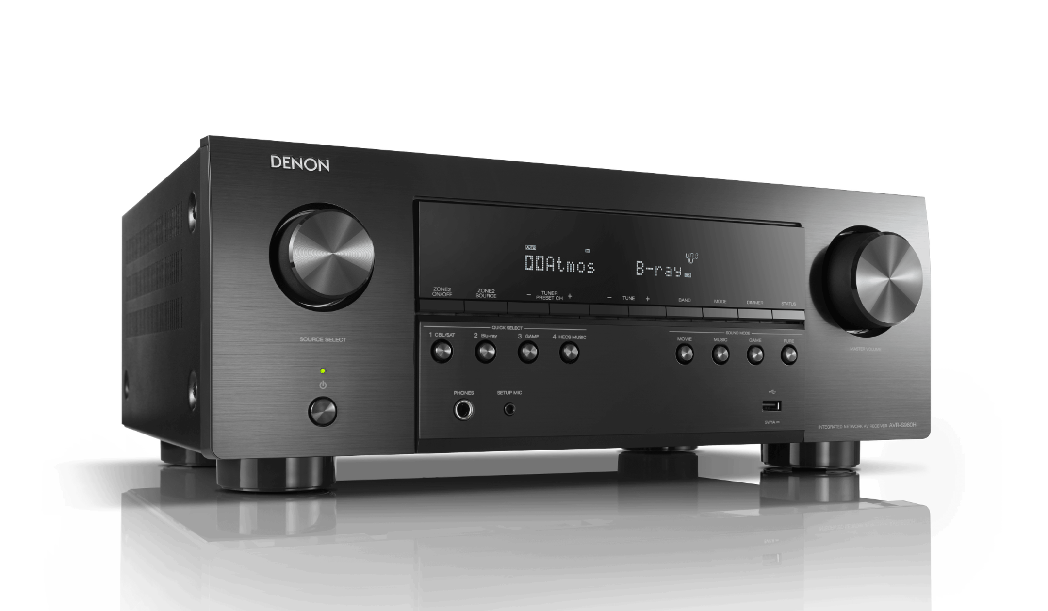 Black Denon audio receiver on a white background