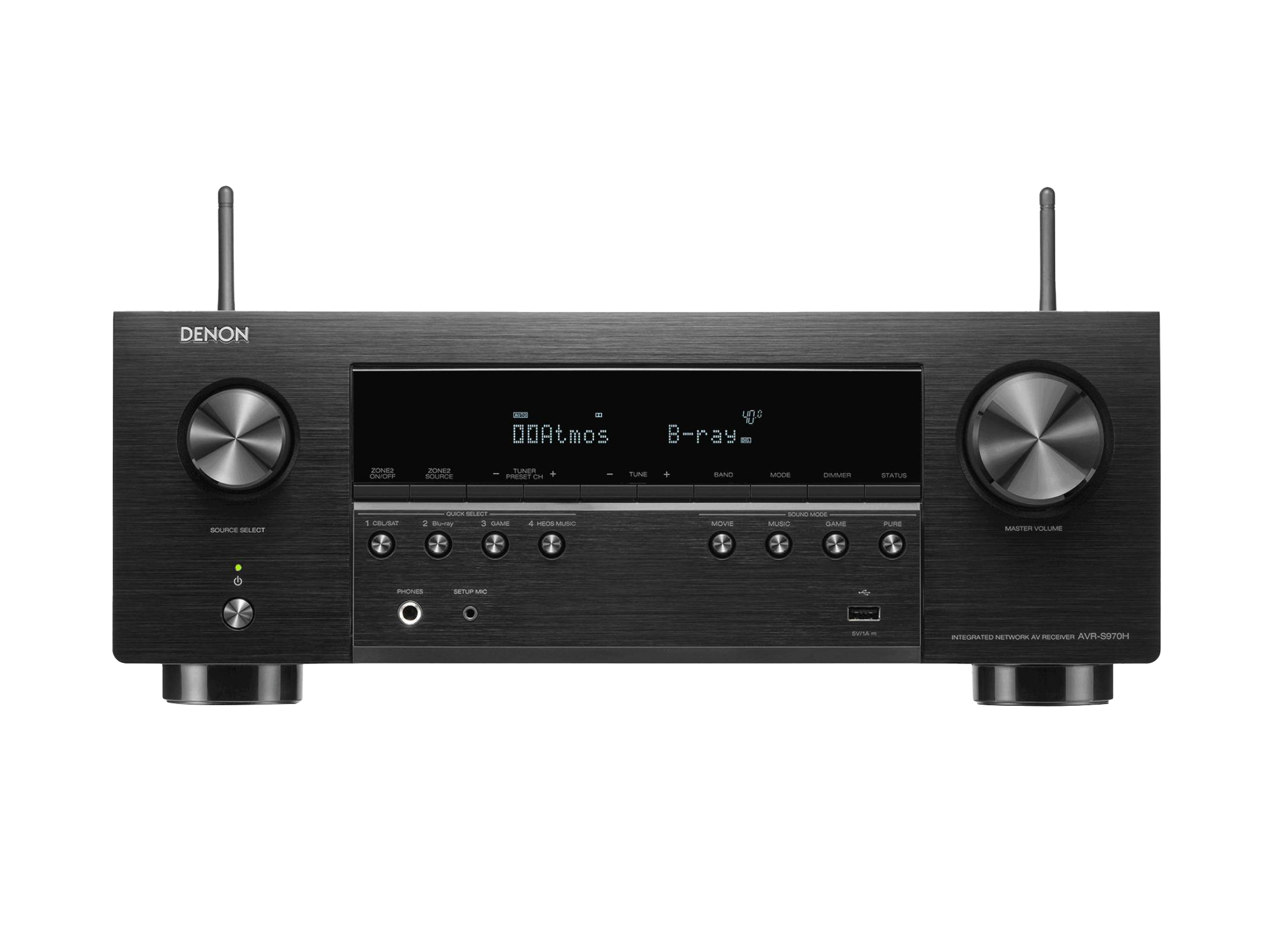 Black Denon audio receiver on a white background