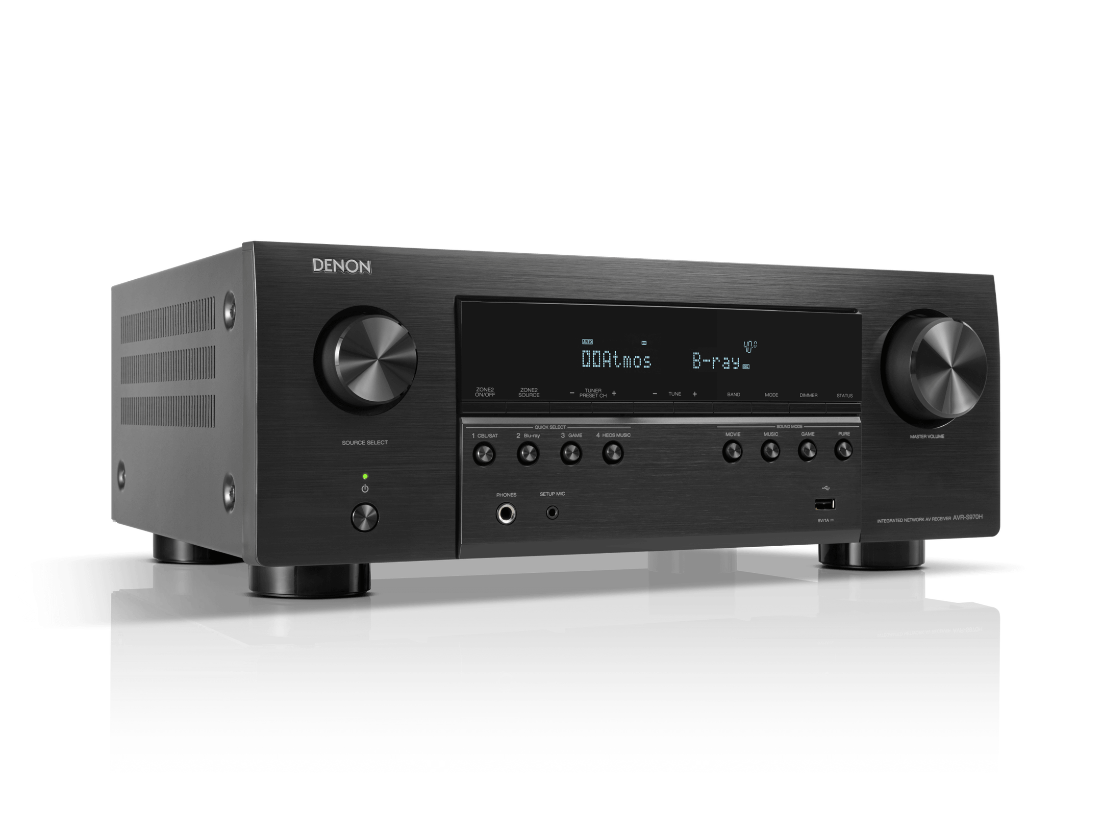 Black Denon audio receiver on a white background