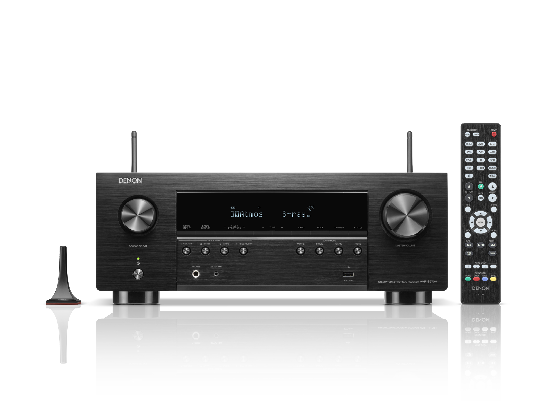 Black Denon audio receiver with remote control on a white background