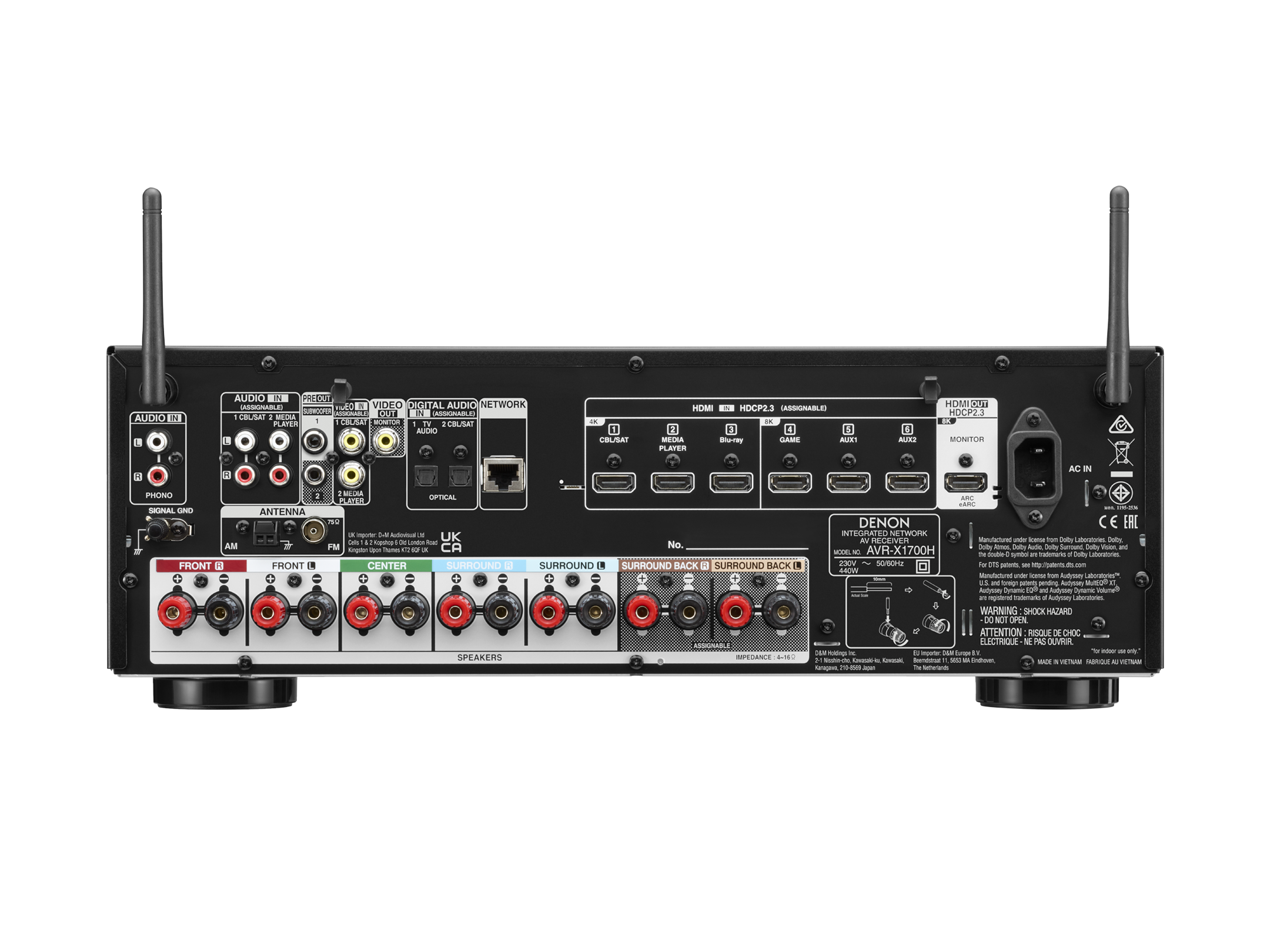 Back view of a Denon audio equipment unit with various connectors and labels on a white background