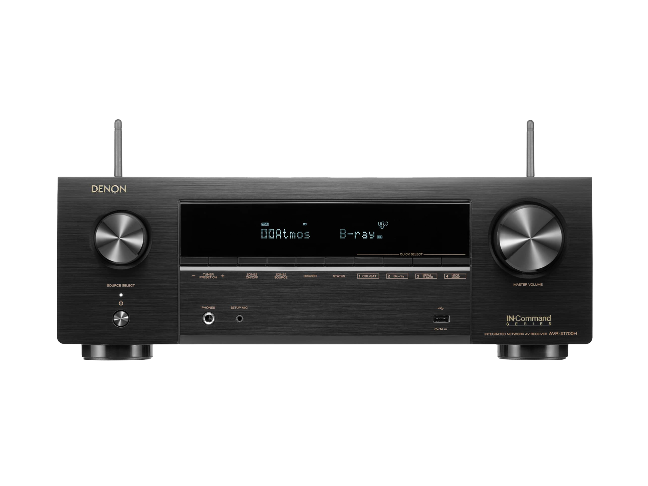 Black Denon audio receiver with antennas on a white background