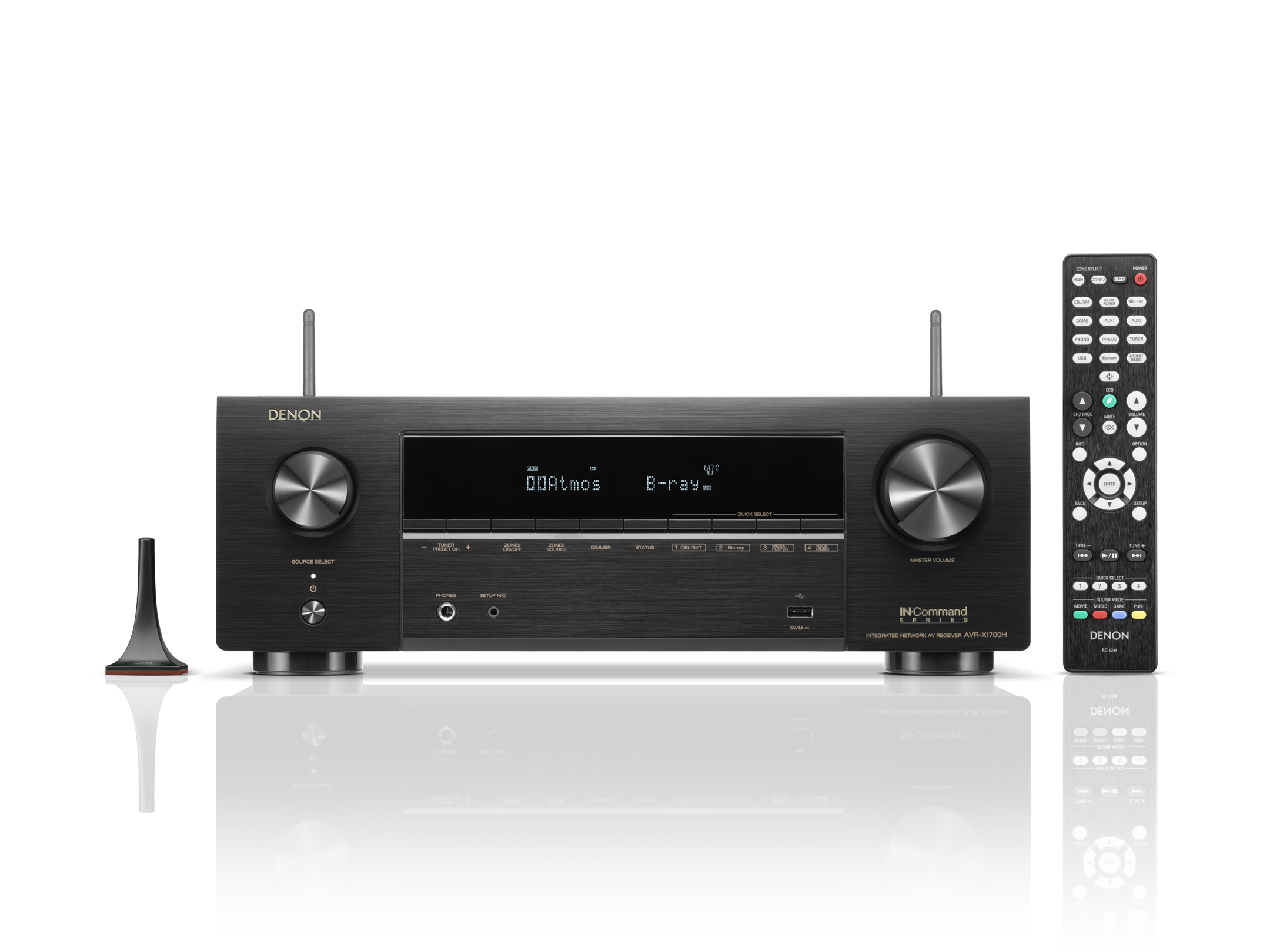 Denon AV receiver with remote control on a white background