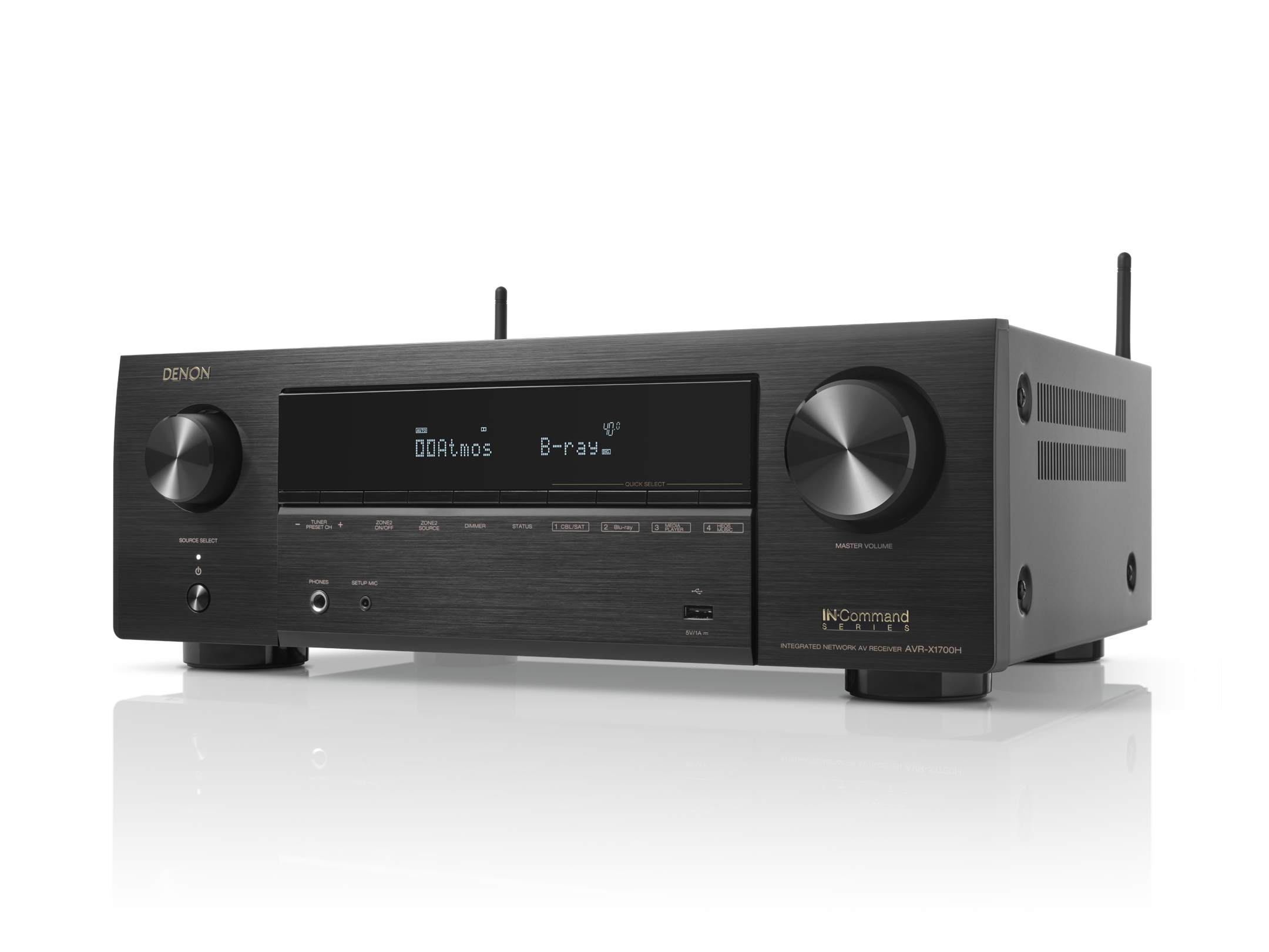 Black audio receiver with digital display on a white background