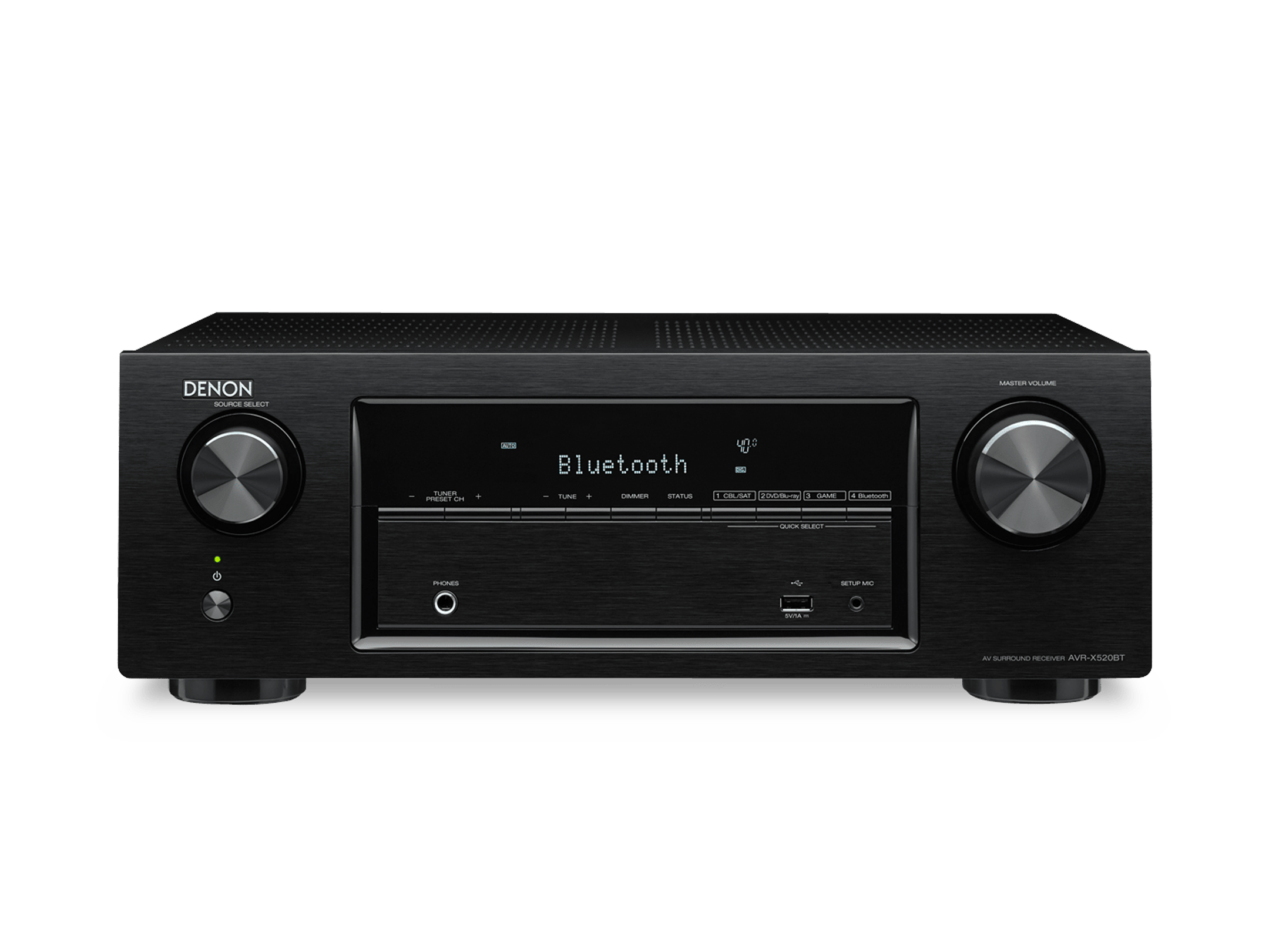 Black Denon audio receiver on a white background