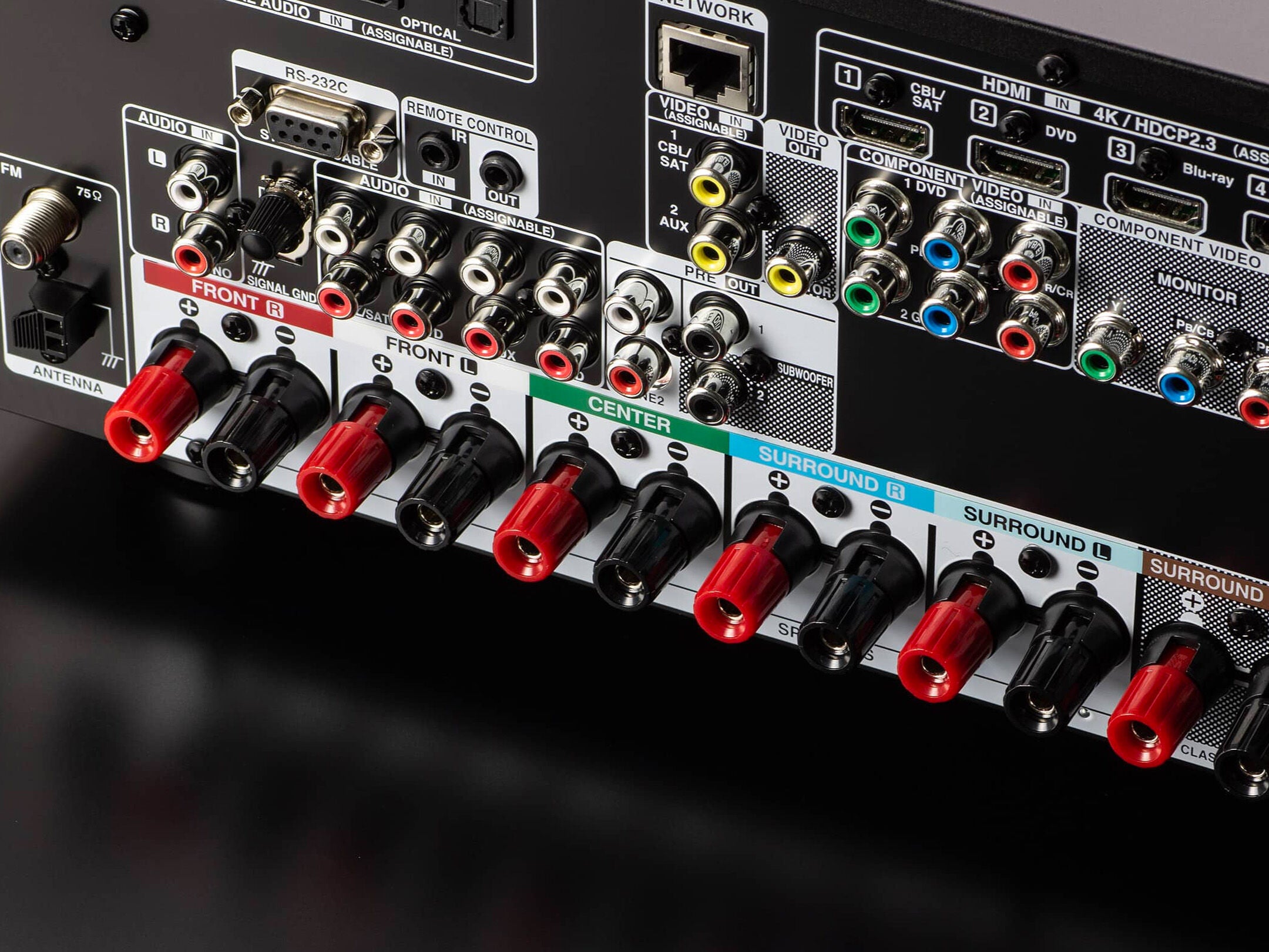 Close-up of a audio/video component with various connectors on a black background