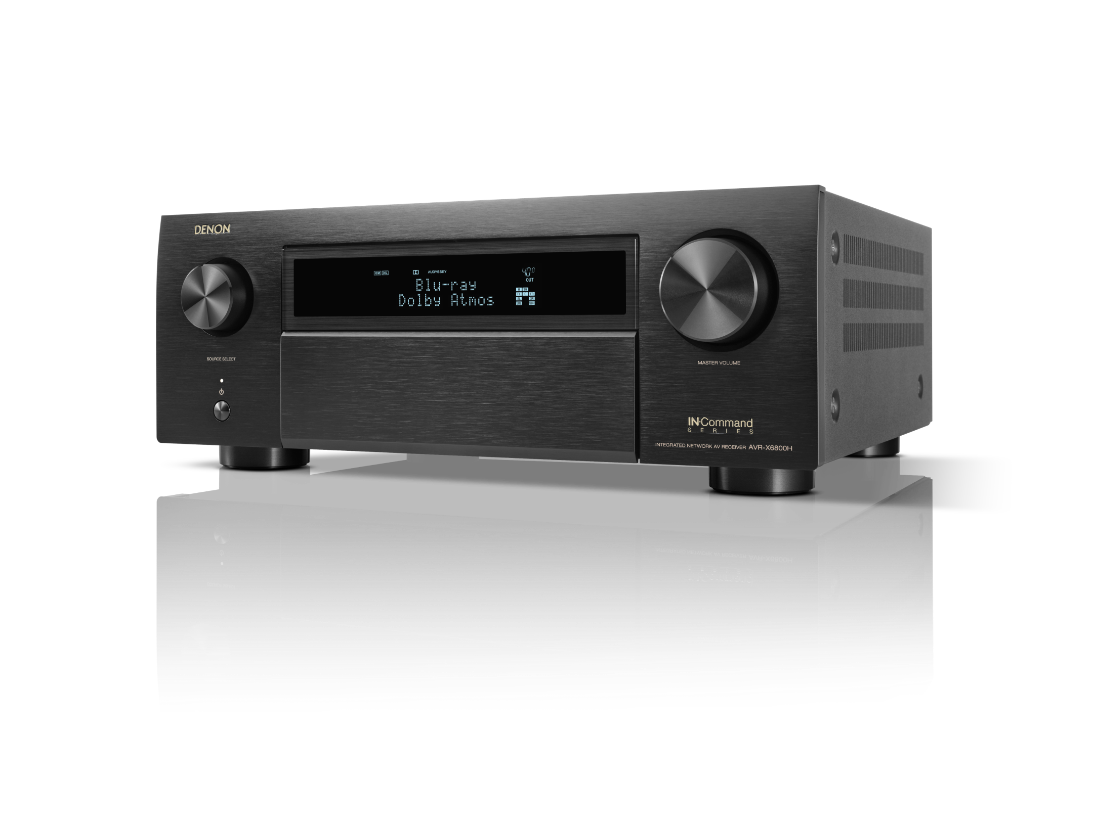 Black audio receiver with brand logo on a white background