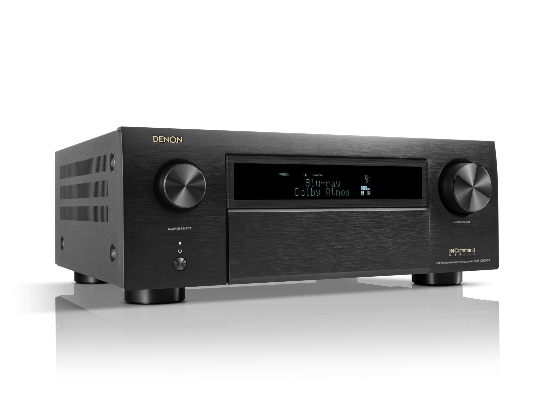 Black Denon audio receiver on a white background