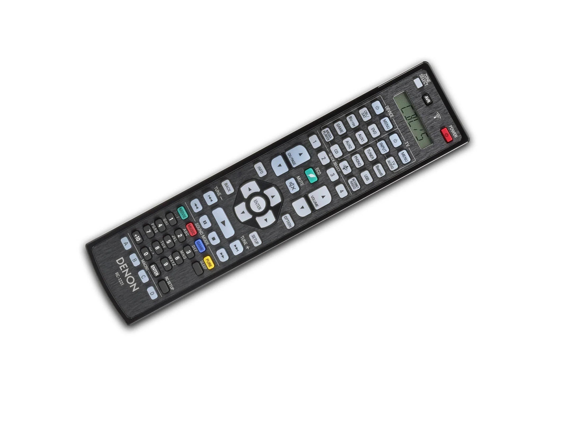 Denon remote control on a white background
