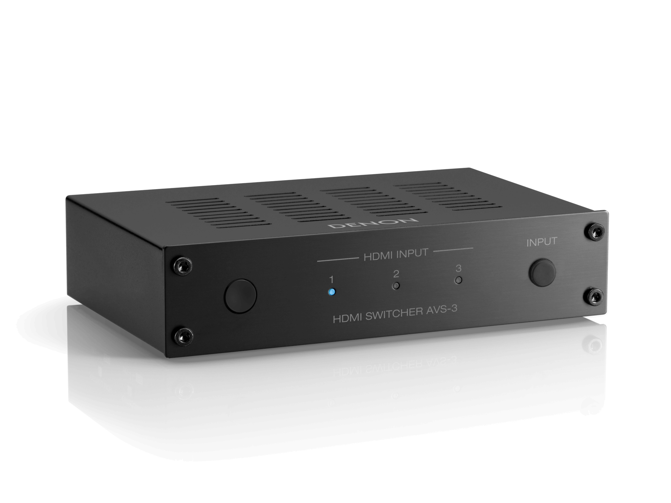 Black HDMI switcher on a white background