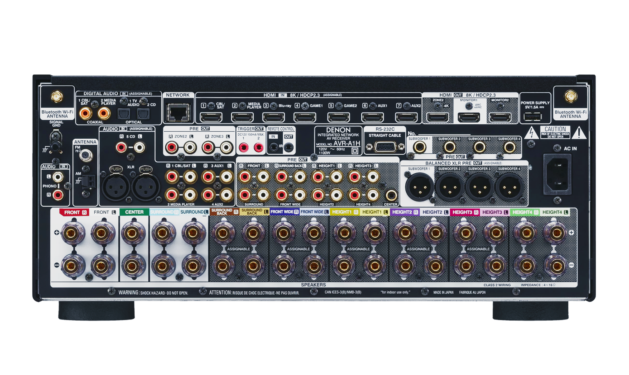 Back panel of a Denon audio equipment with various connectors and labels.