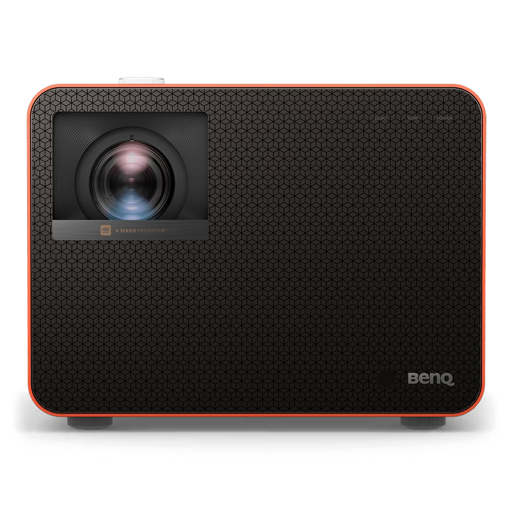 Black and orange BenQ projector on a white background