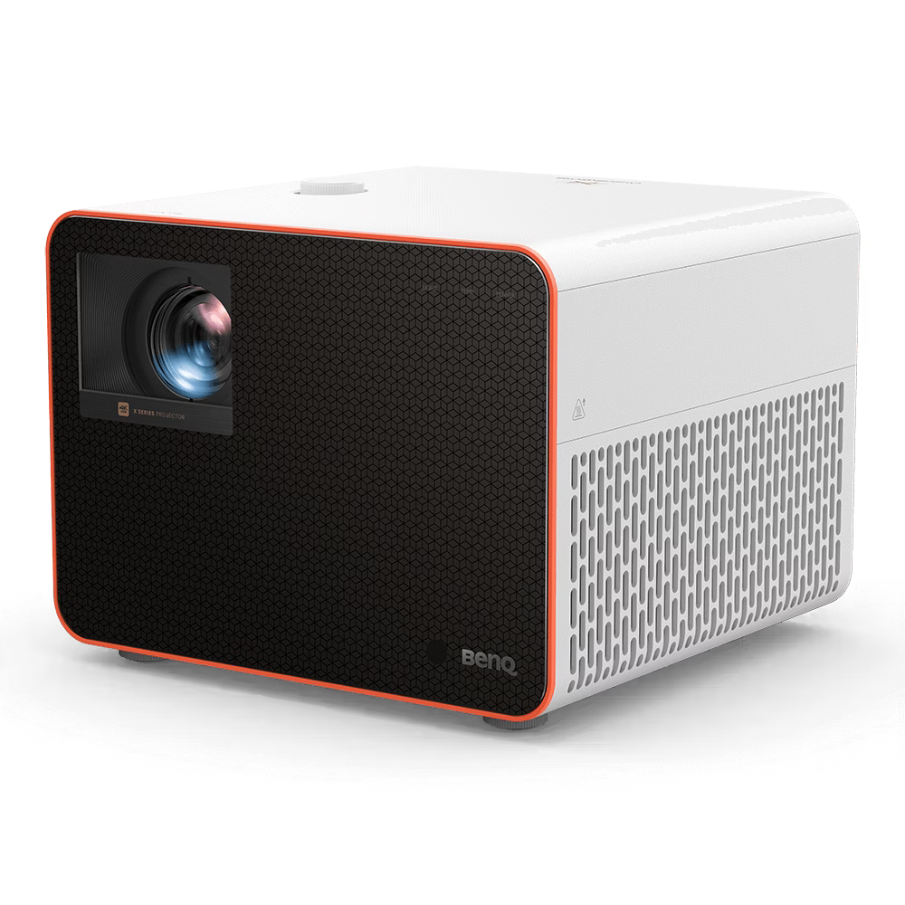 White and black projector with orange accents on a transparent background