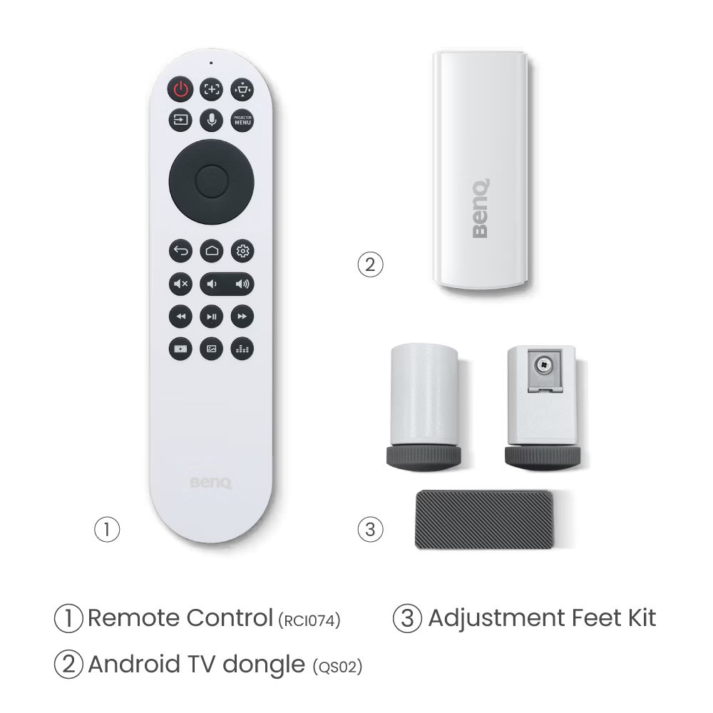 Set of electronic devices including a remote control, speakers, and a small device with BenQ branding on a white background.