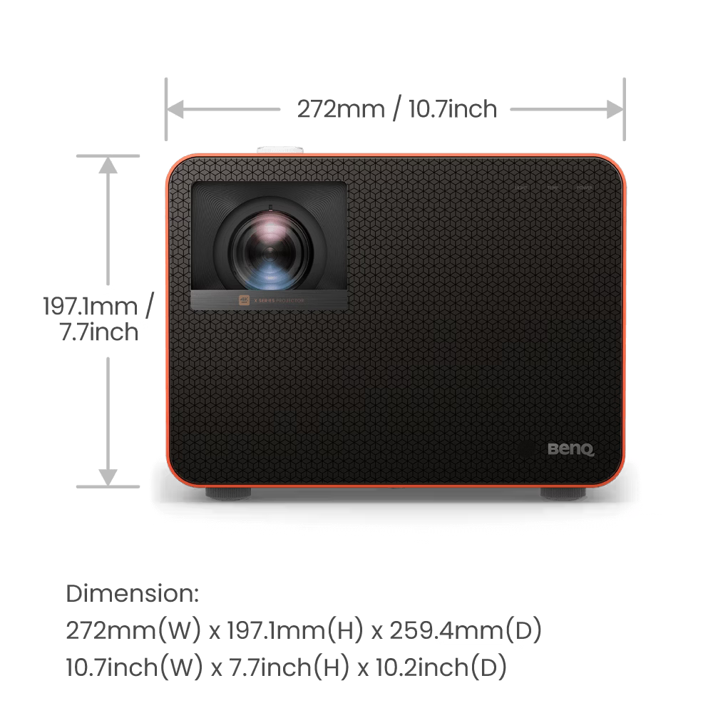 BenQ projector with dimensions displayed on a transparent background