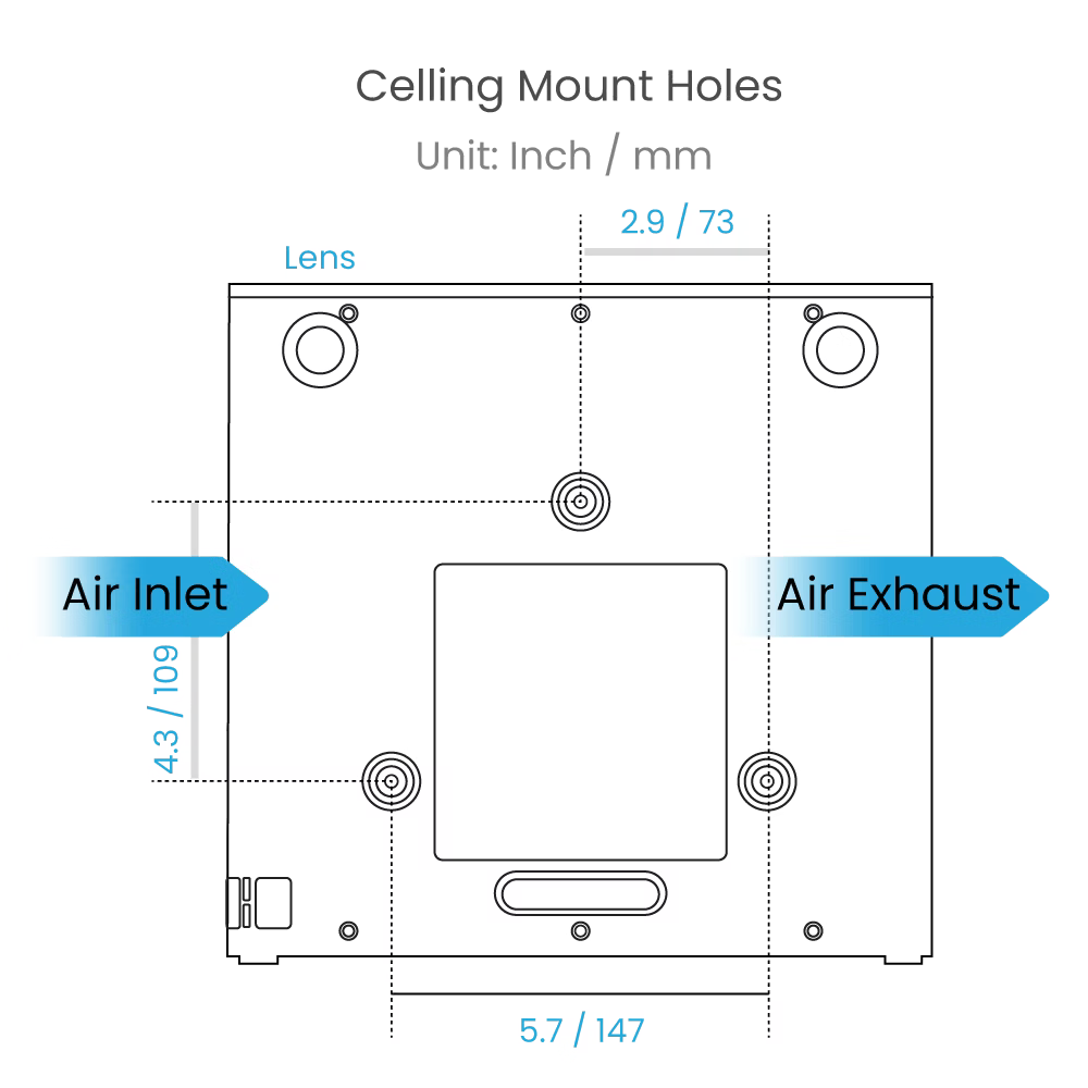 Diagram of a ceiling-mounted HVAC unit with labeled air inlet and exhaust.