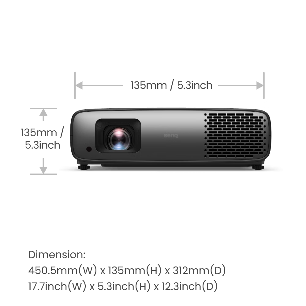 BenQ projector with dimensions and specifications displayed