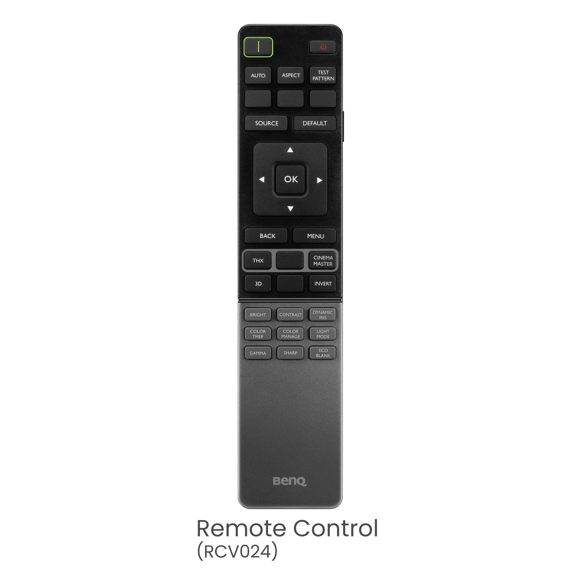 Black BenQ remote control on a white background