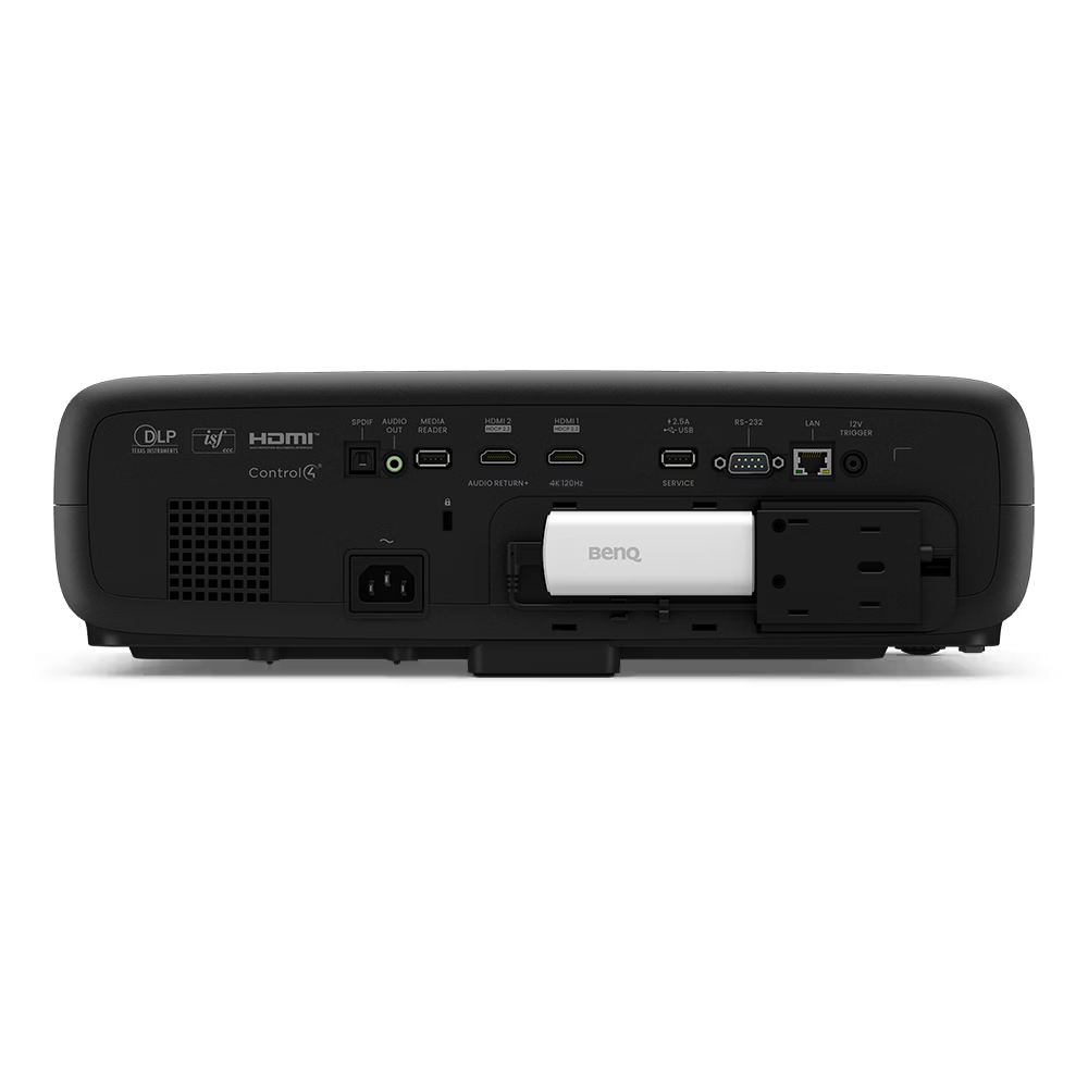 Back view of a BenQ projector with multiple ports on a white background