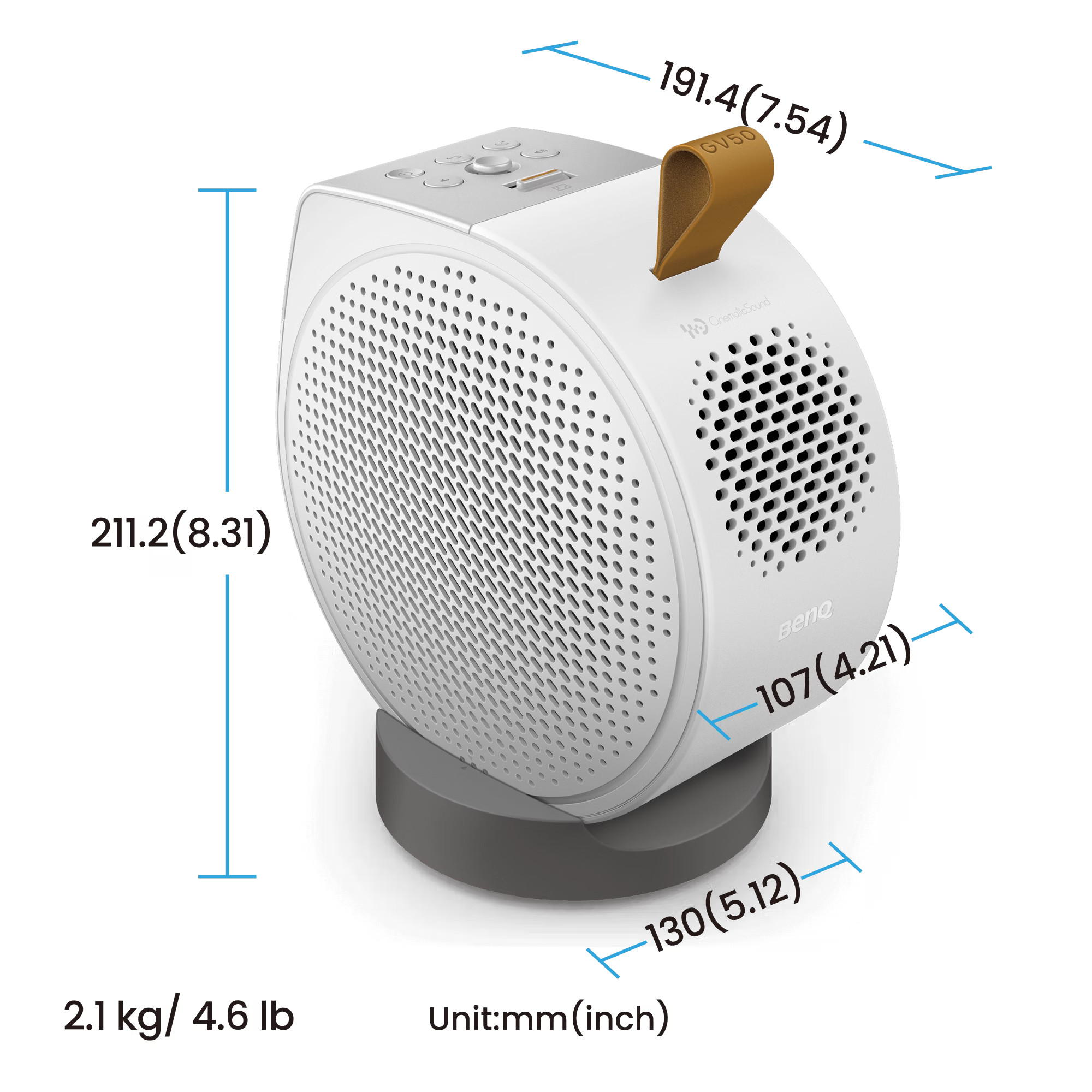 White space heater with measurement details on a white background