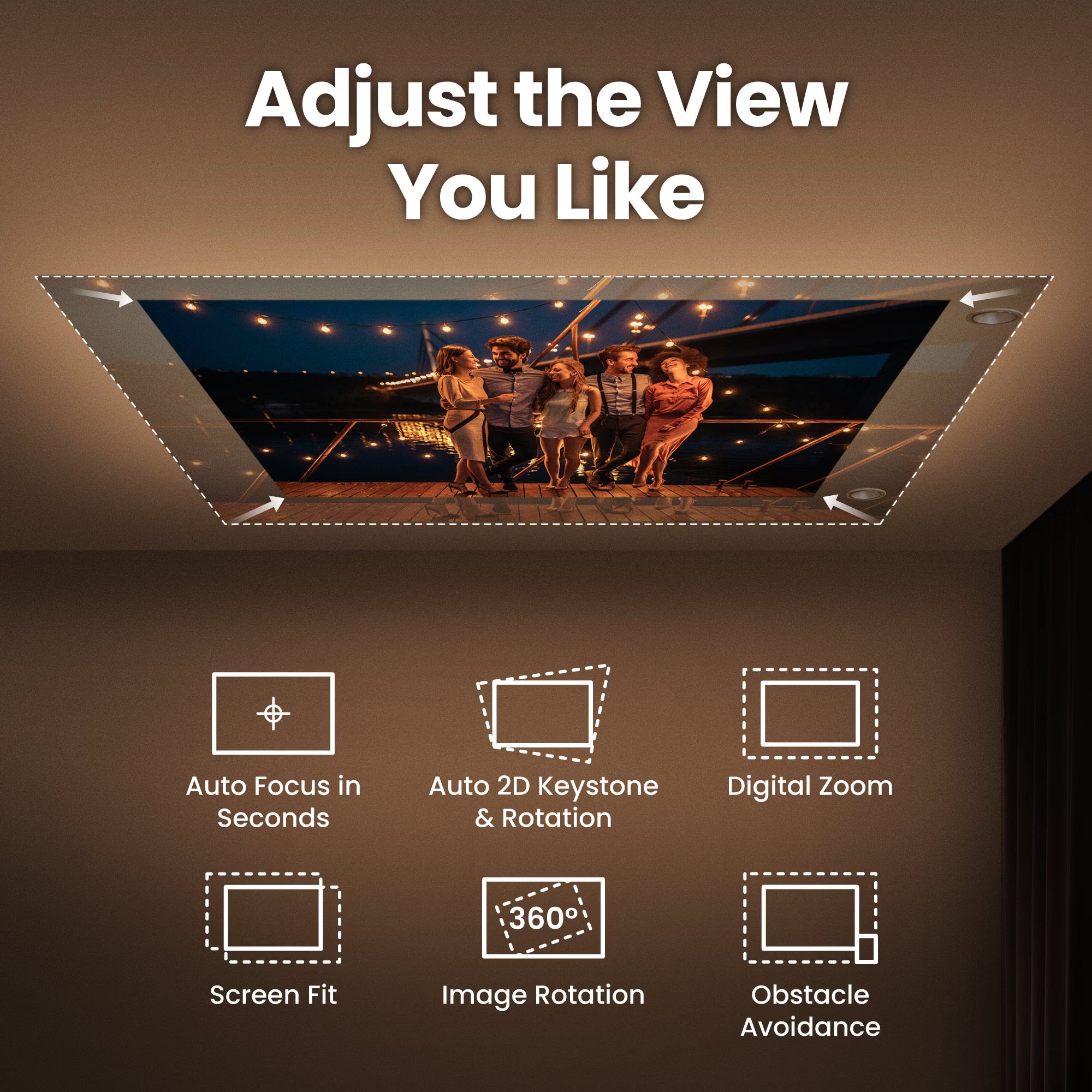 Ceiling-mounted display with a group of people on stage, featuring adjustable view options.