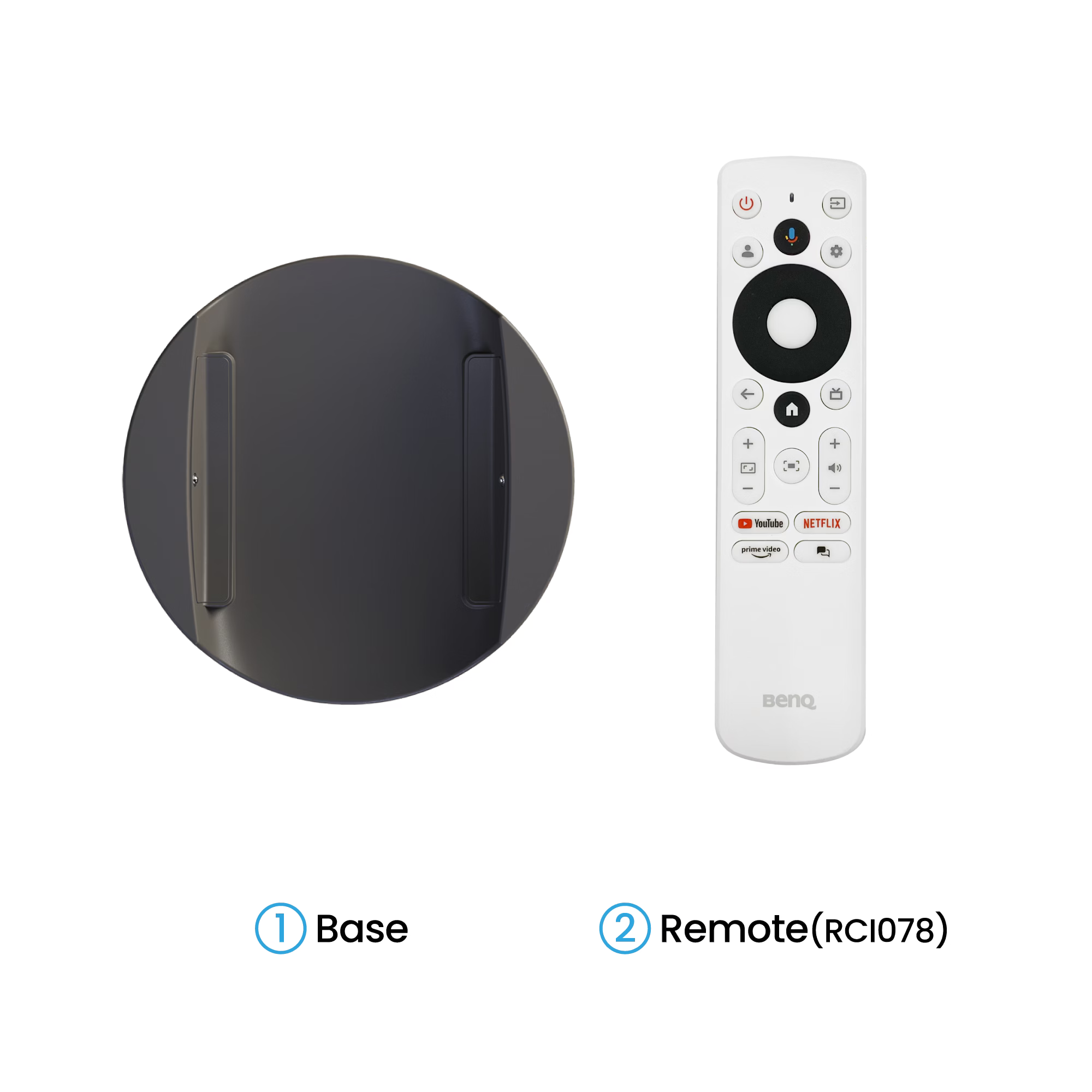 Black circular device and white remote control with BenQ logo on a white background