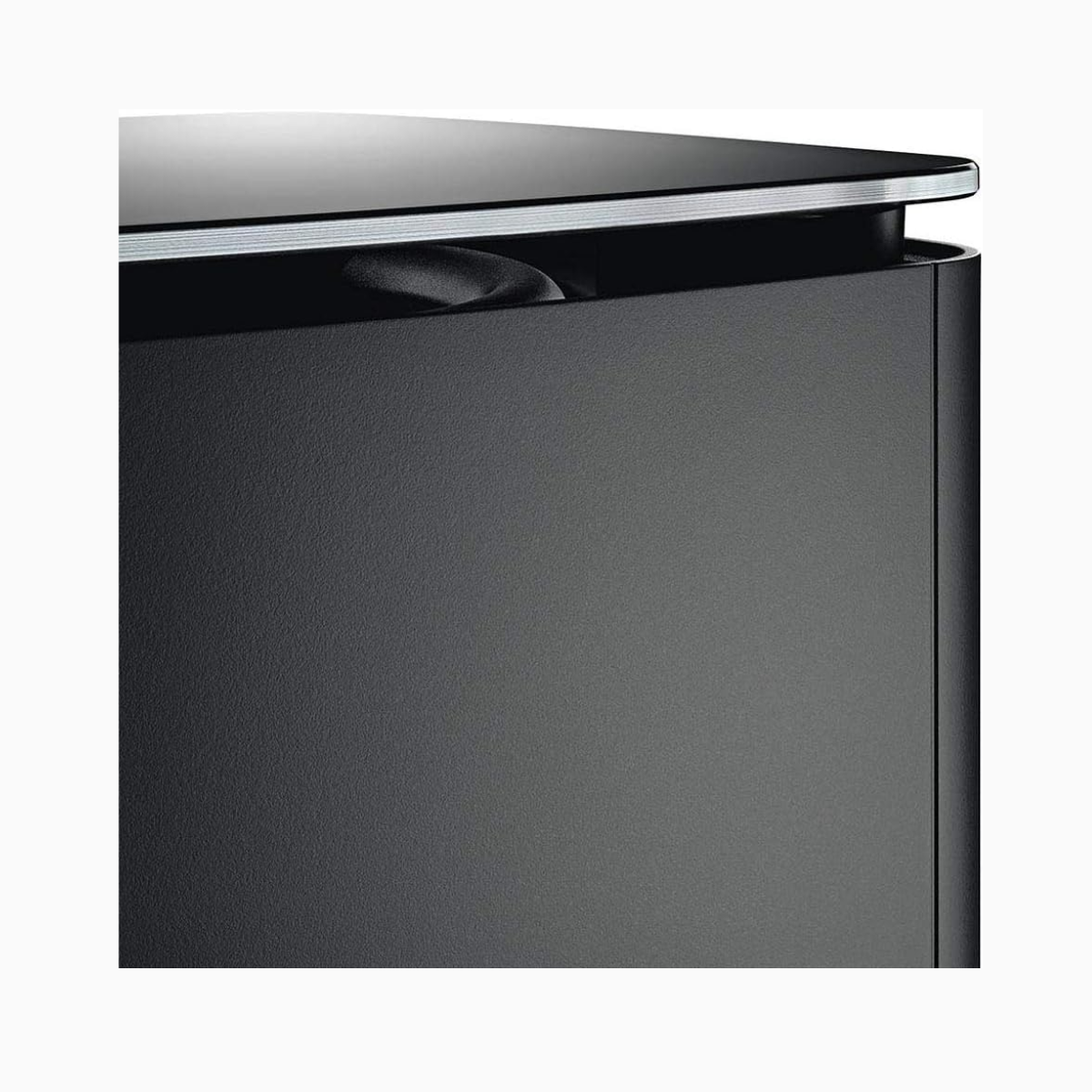 Black subwoofer with a metallic handle on a white background