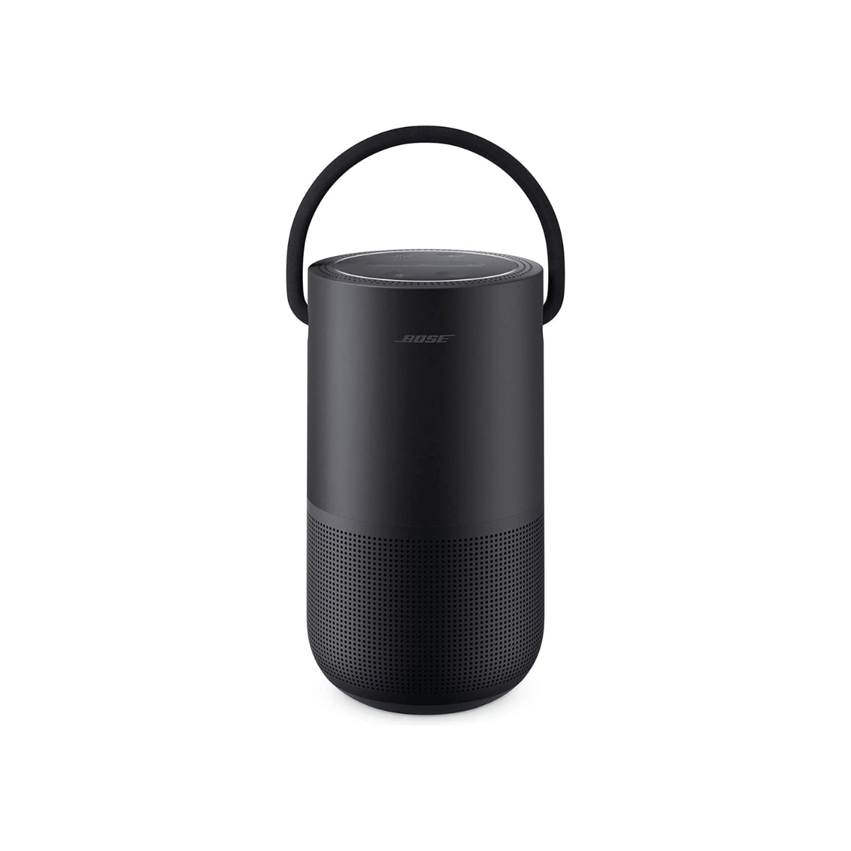 Black portable speaker with handle on a white background