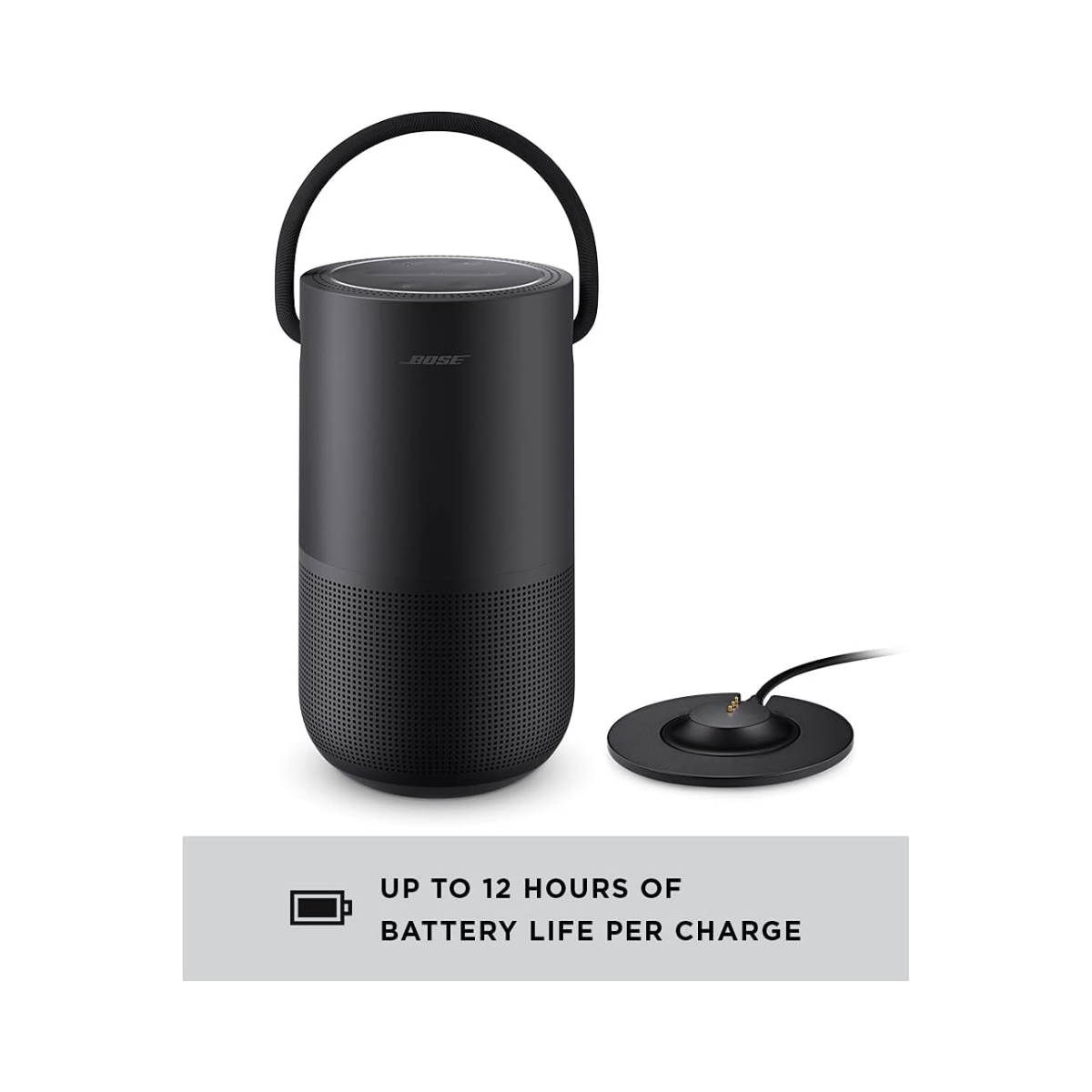 Black portable speaker with charging pad on a white background