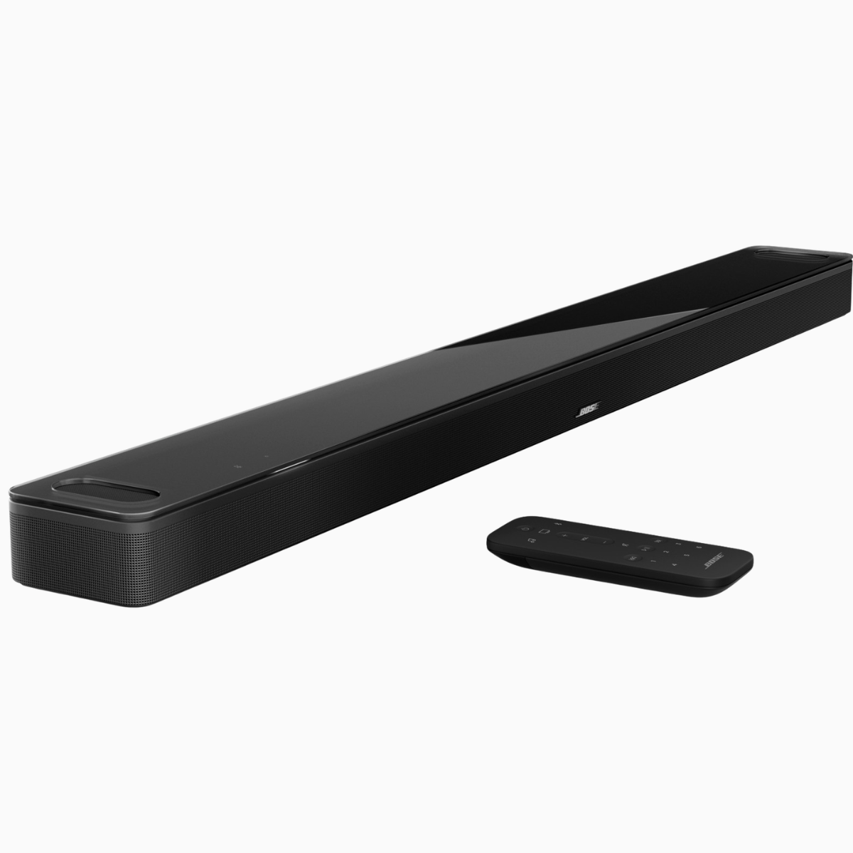 Black soundbar with remote control on a white background