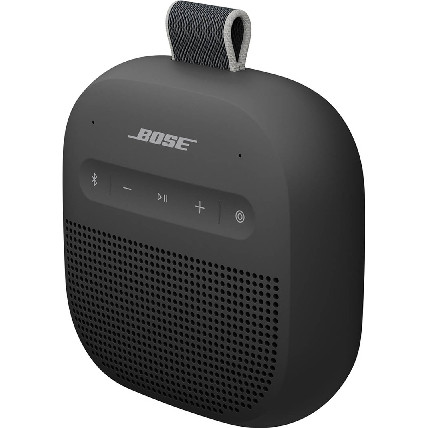 Black Bose portable speaker on a white background