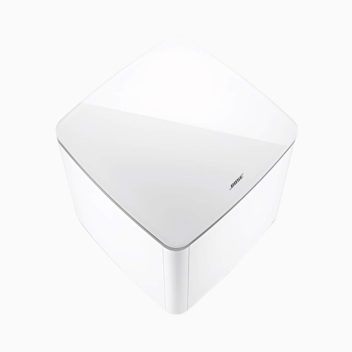 White electronic device with a brand logo on a white background