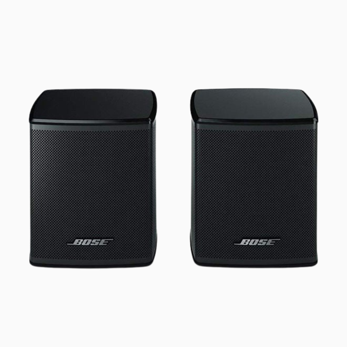 Two black Bose speakers on a white background